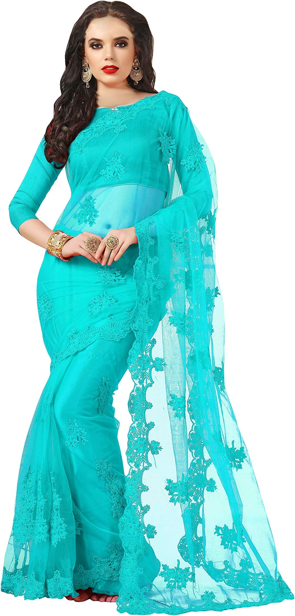 Darshita International Women's Net Saree With Unstitched (firozinetpari_Sky Blue)