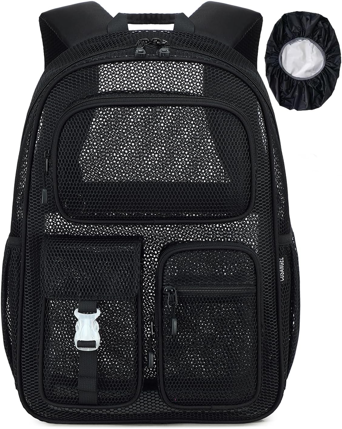 Cusangel Mesh Backpack with Rain Cover, 16in Black Large Lightweight Breathable with Comfort Padded Straps for School Work Swimming Beach Fitness Sport