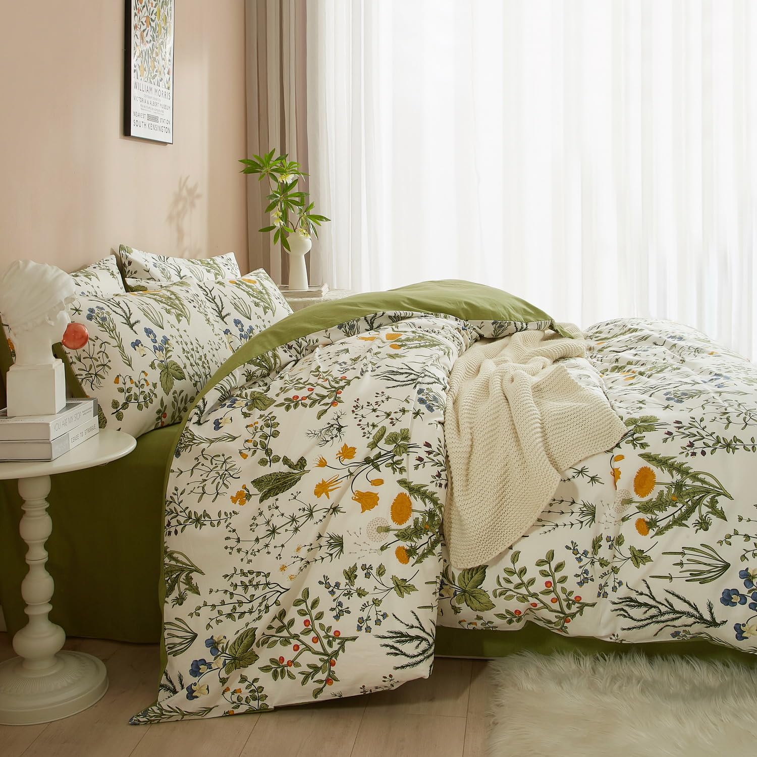 Parure de lit 140x200 imprimé nature en coton vert et blanc pour un sommeil doux et serein