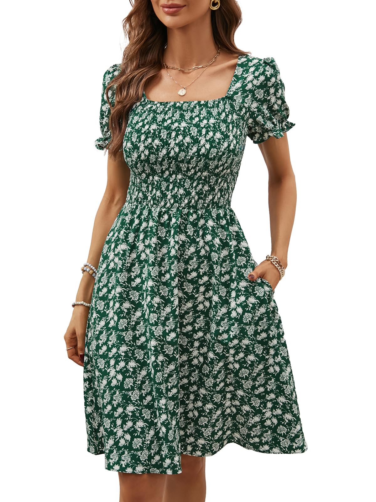 Berydress Women's Summer Dresses 2025 Pockets Short Sleeve Square Neck Flowy A Line Casual Boho Smocked Mini Sun Dress