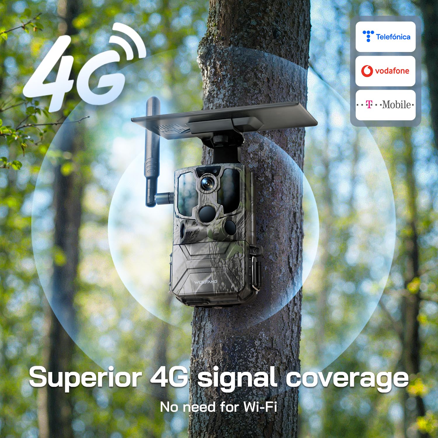WOLFANG Caméra de Chasse cellulaire 4G LTE à énergie Solaire, Batterie 7800 mAh, caméra de Suivi cellulaire 2,5 K avec contrôle par Application, SIM intégrée, Vision Nocturne, déclencheur de 0,2 s