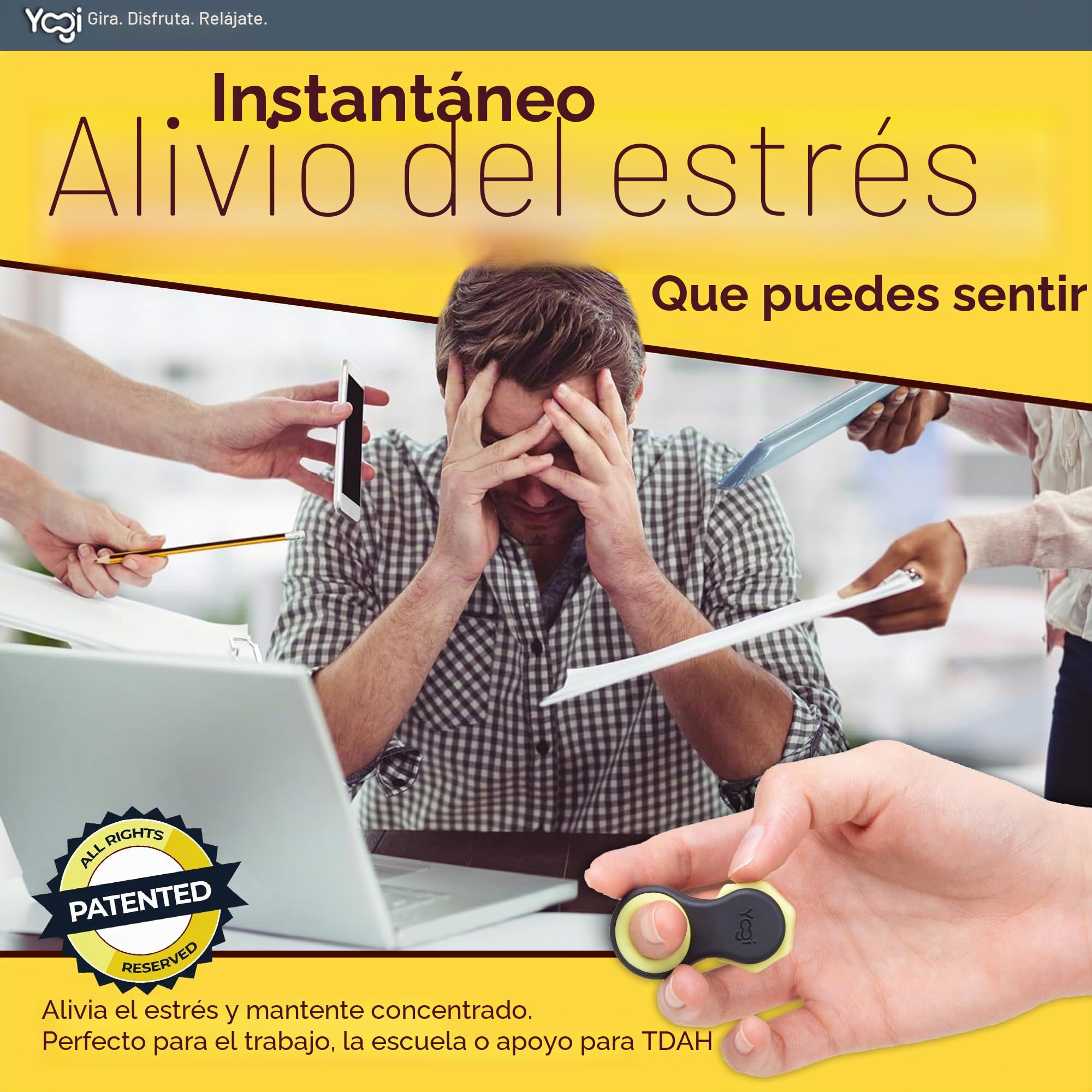 Yogi Juguete antiestrés, hilanderos para Adultos, Alivio de la ansiedad, ADHD, Add y Autismo, Juguetes silenciosos para Adultos y niños, Cinco tamaños de Anillo (Schwarz Gelb)