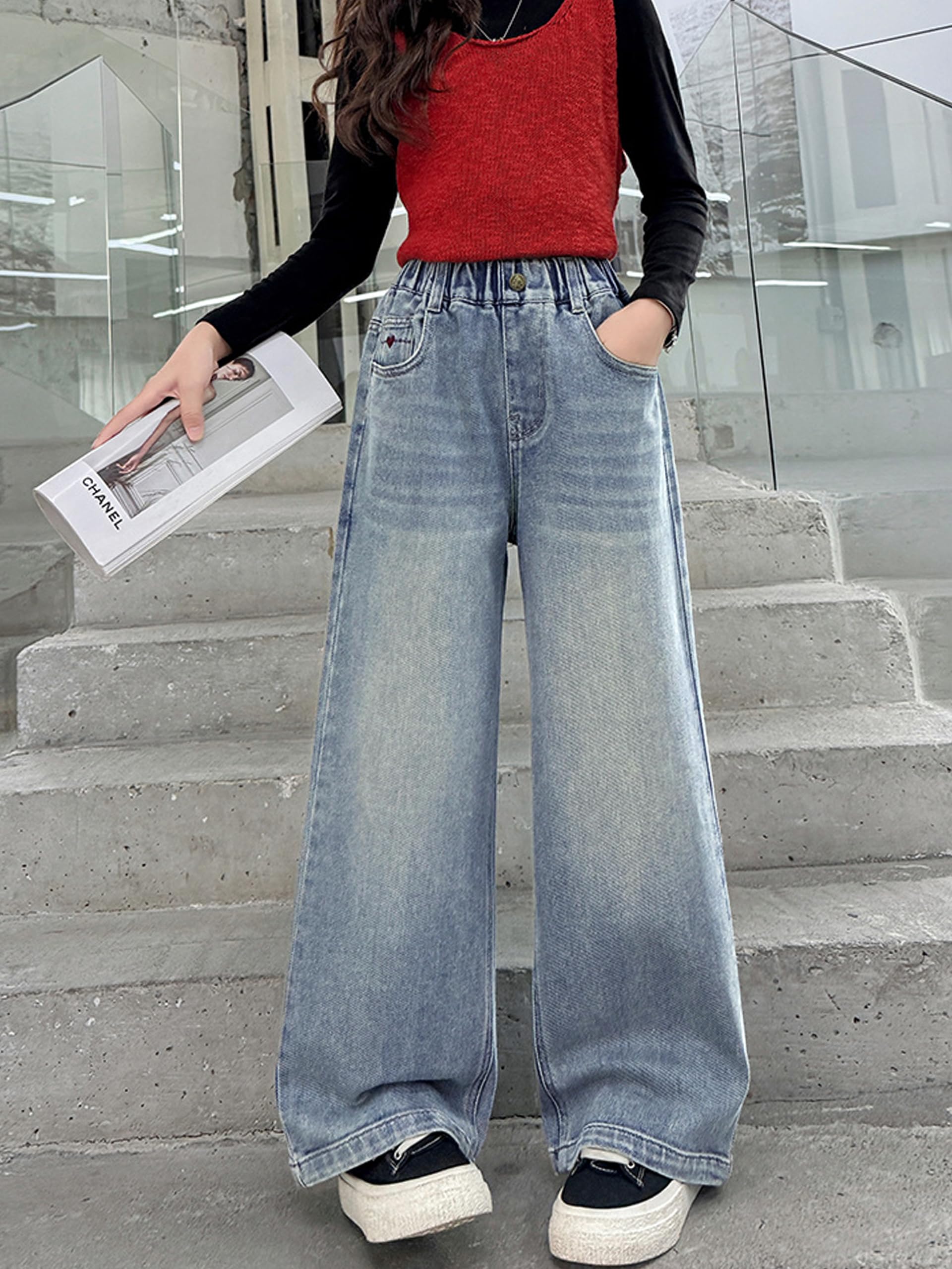 Pantalones Vaqueros Baggy para Niñas Cintura Alta Elástica Pierna Ancha Denim Loose Bootcut 6-15 Años