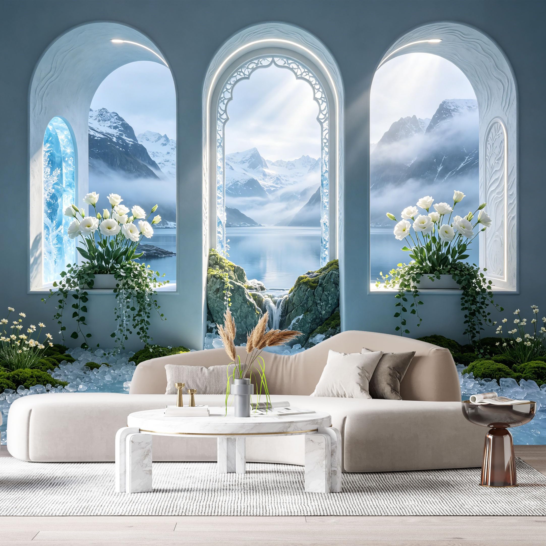 Custom Size Wall Murals Mountain Lake Landscape 3D Trompe L'Oeil White Flowers Waterfall SelfAdhesive Wall Fabric Removable Large Wallpaper for Photo Living Room