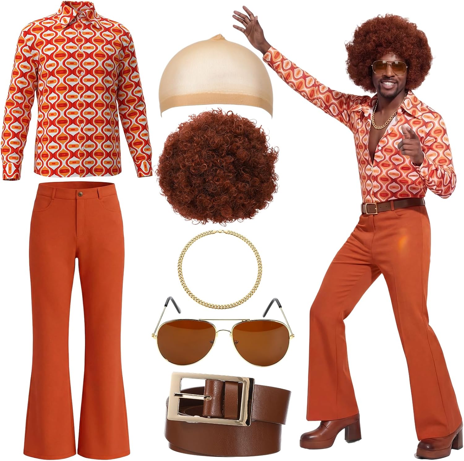 Mepase 7 Pcs 70s Disco Costumes for Men Hippies Outfit Set Retro Shirt Wig Bell Bottom Pants Sunglasses Necklace Wig Cap Belt