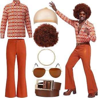 Mepase 7 Pcs 70s Disco Costume for Men Hippie Outfit Set