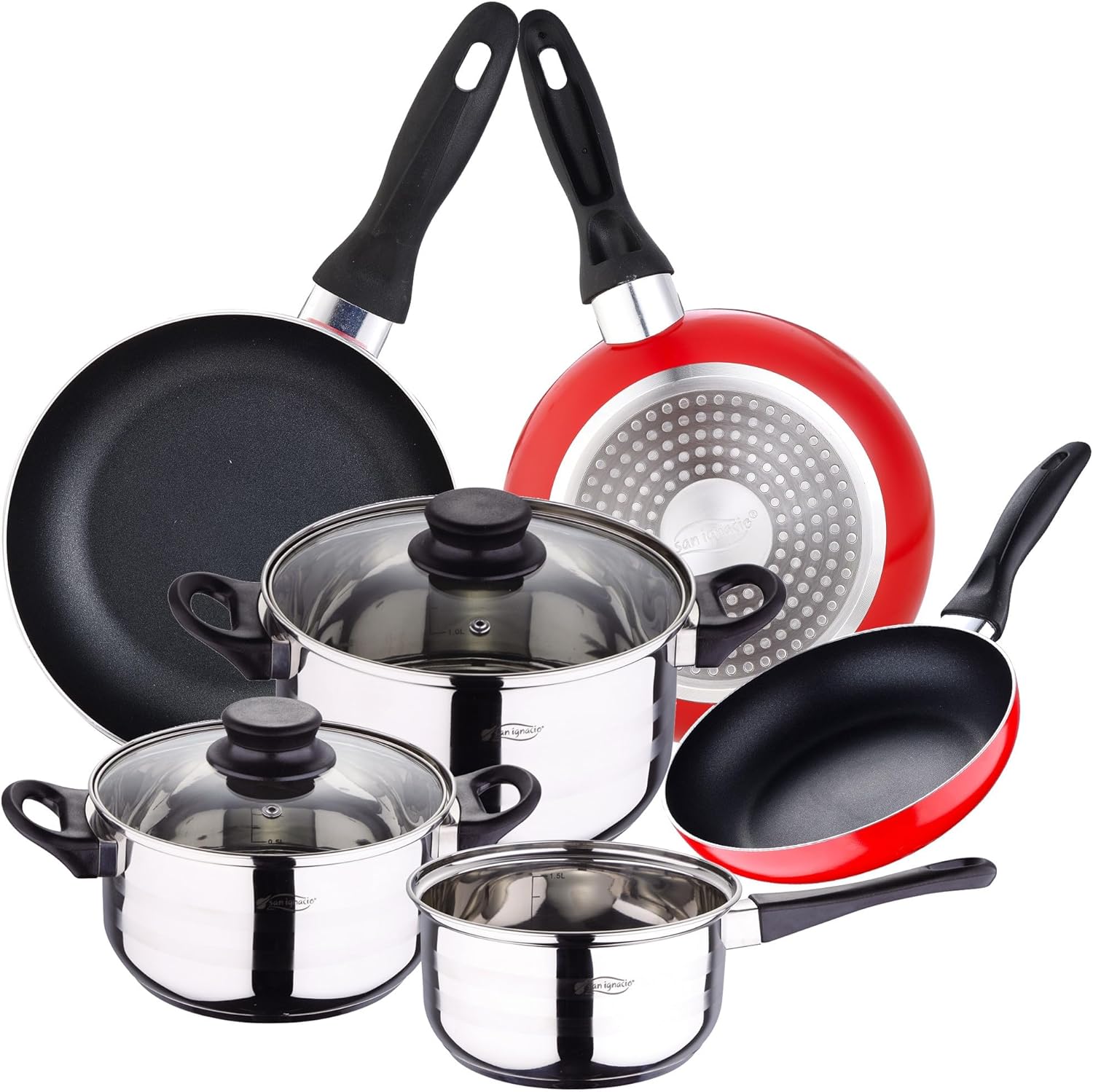 San Ignacio PK2356 Cookware Set 5-Piece Stainless Steel and 3-Piece Set 16/20/24 Red, Pressed Aluminium, Induction