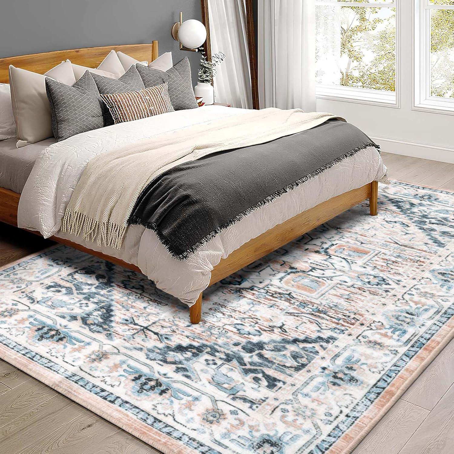 Asrug 8x10 Washable Rugs, Machine Area Rugs for Living Room Rugs, Vintage Carpet Non-Slip Mat for Dinning Room Bedroom Nursery Indoor, Light Blue