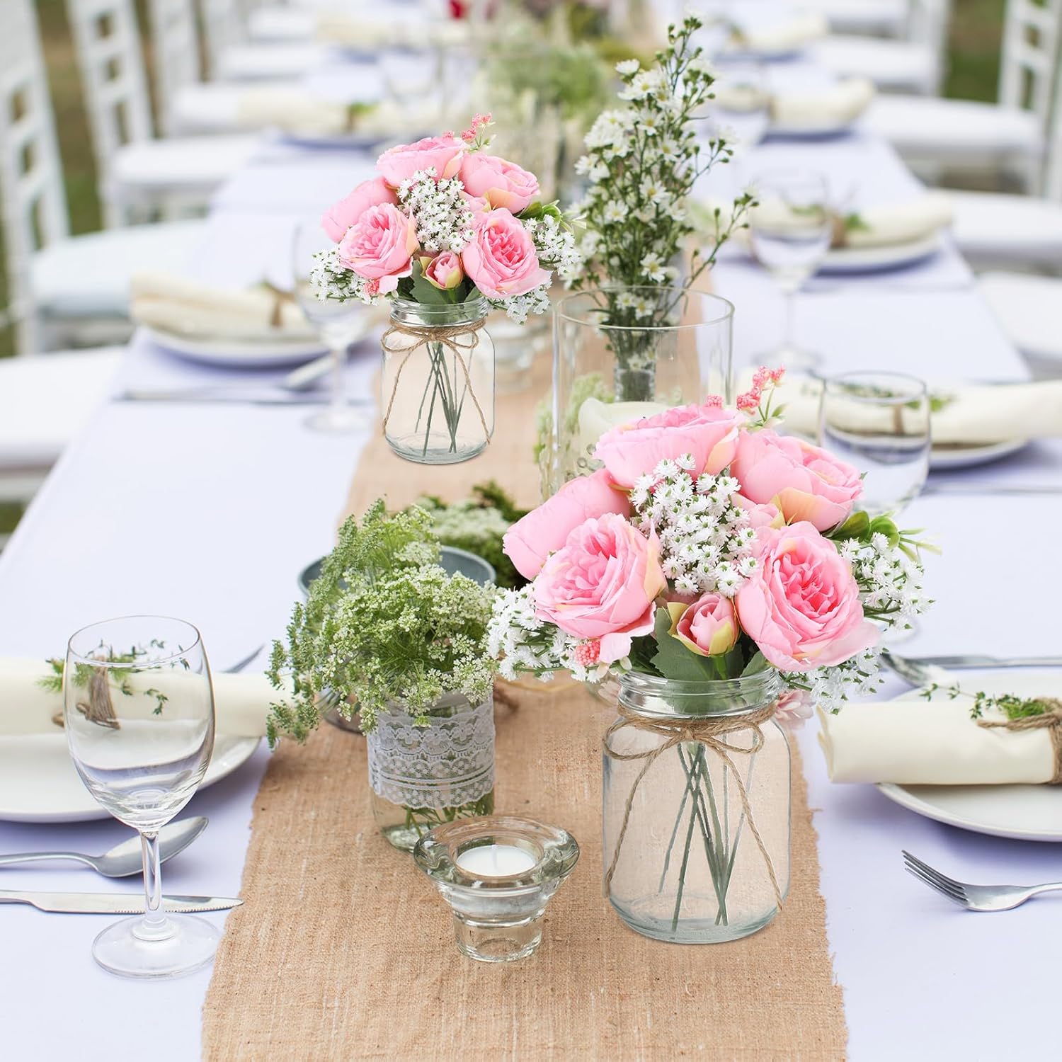 Zeyune 12 Sets Mason Jar Centerpiece Table Decorations, Artificial Peony Baby's Breath Flower Bouquets, Faux Flowers with Vase, Rustic Decor Gifts for Home, Wedding, Holiday (Coral Pink)