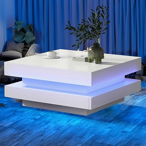 LED Coffee Table for Living Room, 2-Tier Modern Middle Center Table, Coffee Table with 16-Color Plug-in LED Light, Cocktail Tea Table for Home Office Reception Room, White