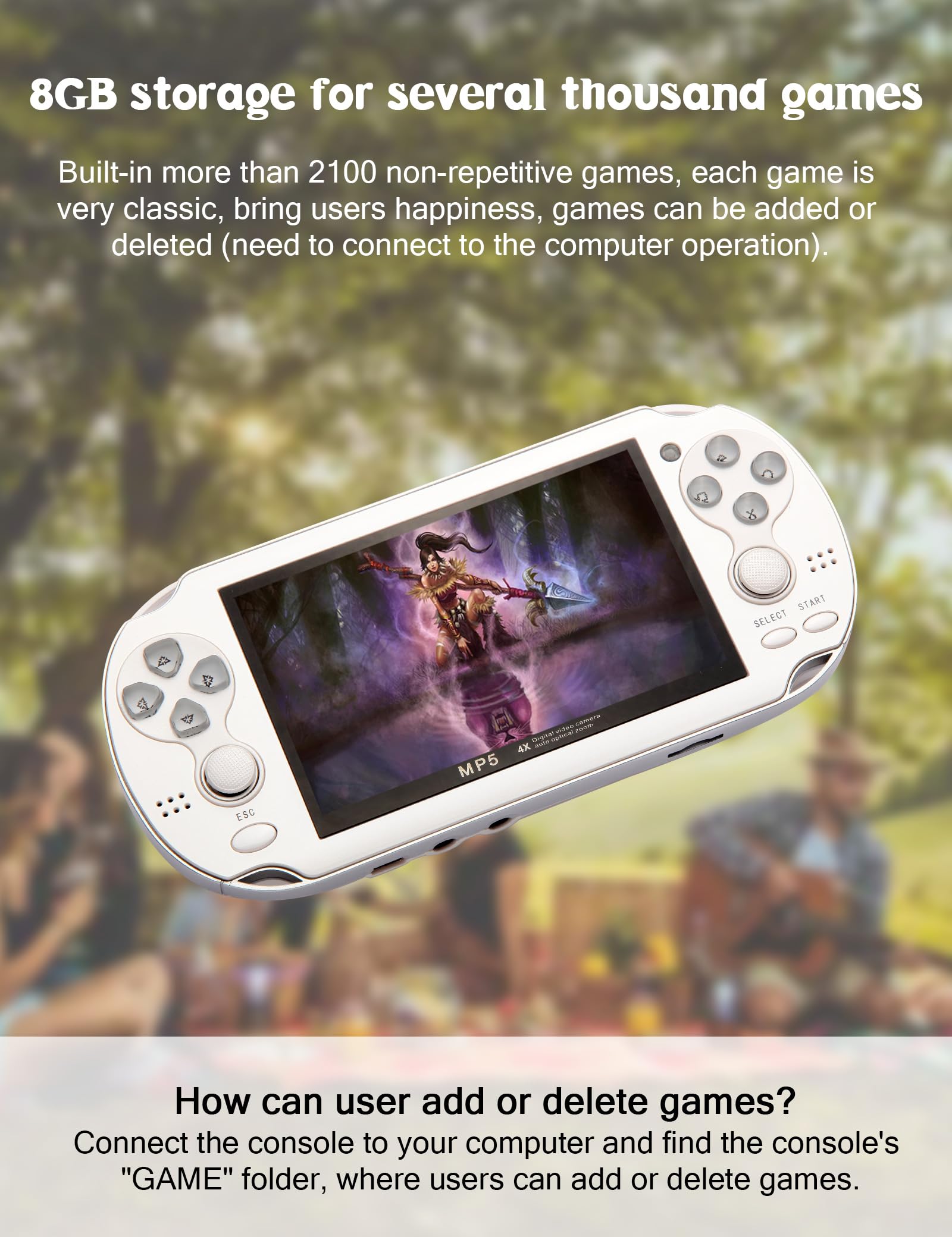 CZT Console de Jeux vidéo 4,3 Po 8 Go intégrée à 2300 Jeux gratuits pour Plusieurs simulateurs Console de Jeu Portable Vidéo/Musique Ebook Sortie TV Le Jeu Peut être archivé Cadeaux de Noël(Blanc)