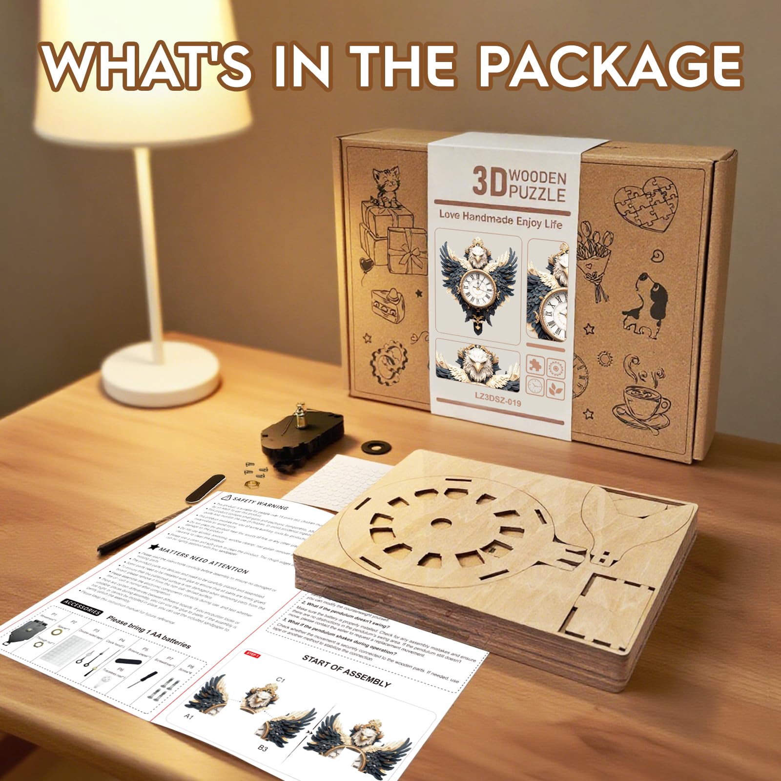 Puzzle 3D per adulti, con design a forma di aquila, orologio a pendolo meccanico fai da te con numeri romani, decorazione da scrivania, casa e ufficio, regalo personalizzato per gli amanti