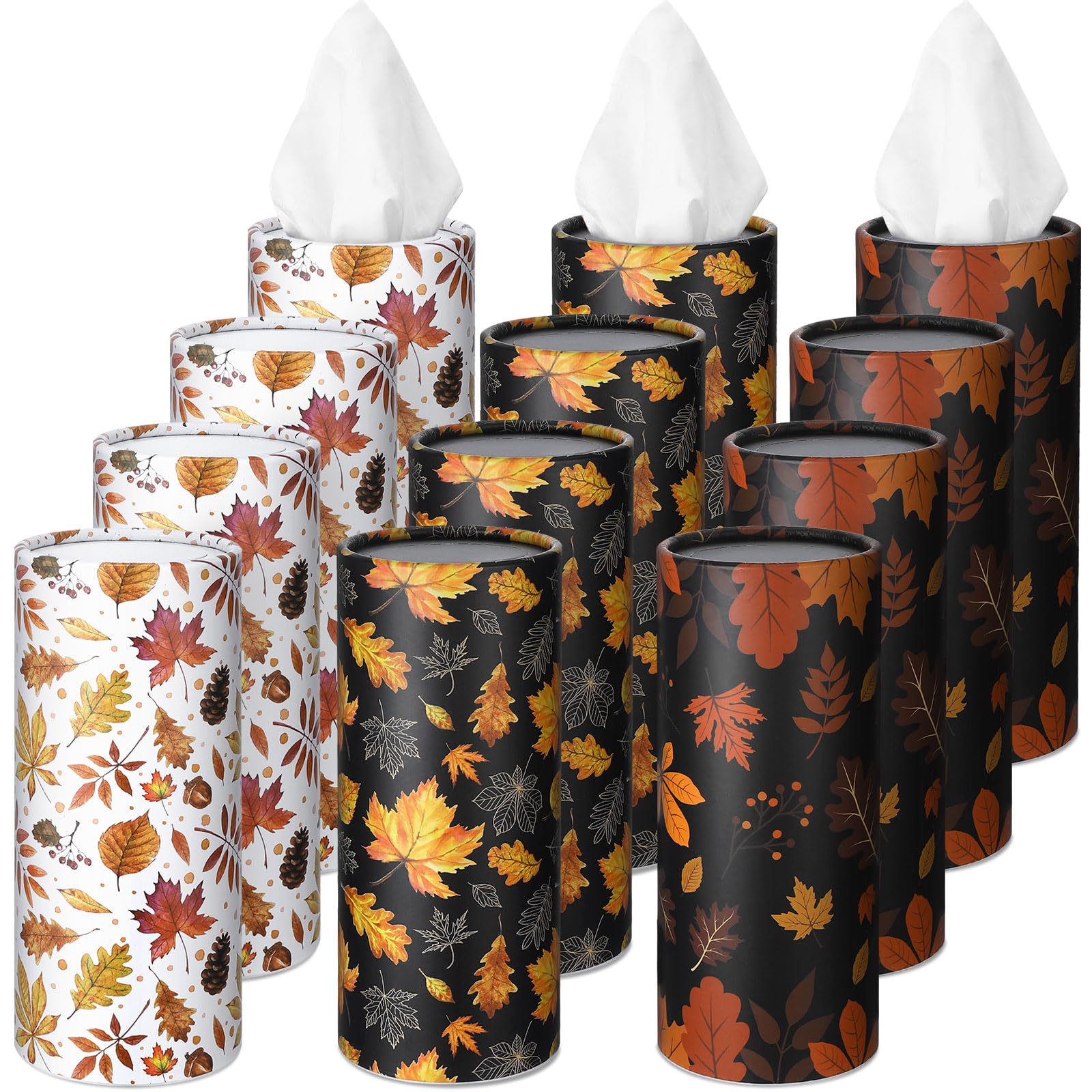 Fourluoo 12 Pack Fall Maple Leaf Tissue Boxes for Car Cylinder Bulk Autumn Round Cylinder Holder with 3