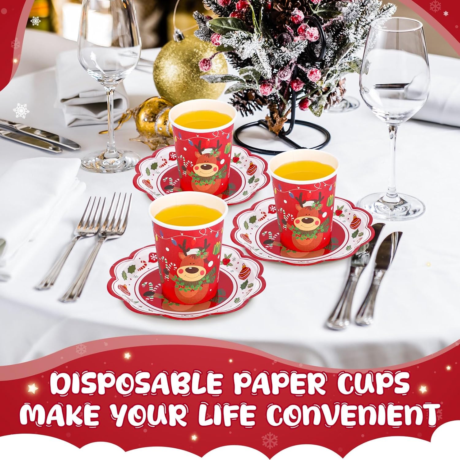 Honeydak 100 Pcs Christmas Disposable Paper Cups and Saucers Include 50 Pcs 9 oz Xmas Paper Cups with Handle Disposable Christmas Hot Chocolate Mugs Xmas Plates Teacups Set(Elk)
