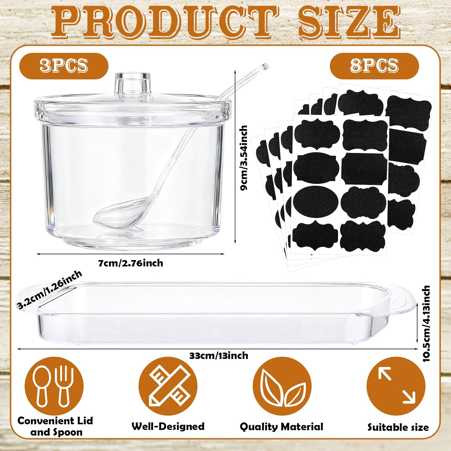 Set of 3 Clear Acrylic Sugar Bowl with Lid and Spoon, 7 oz