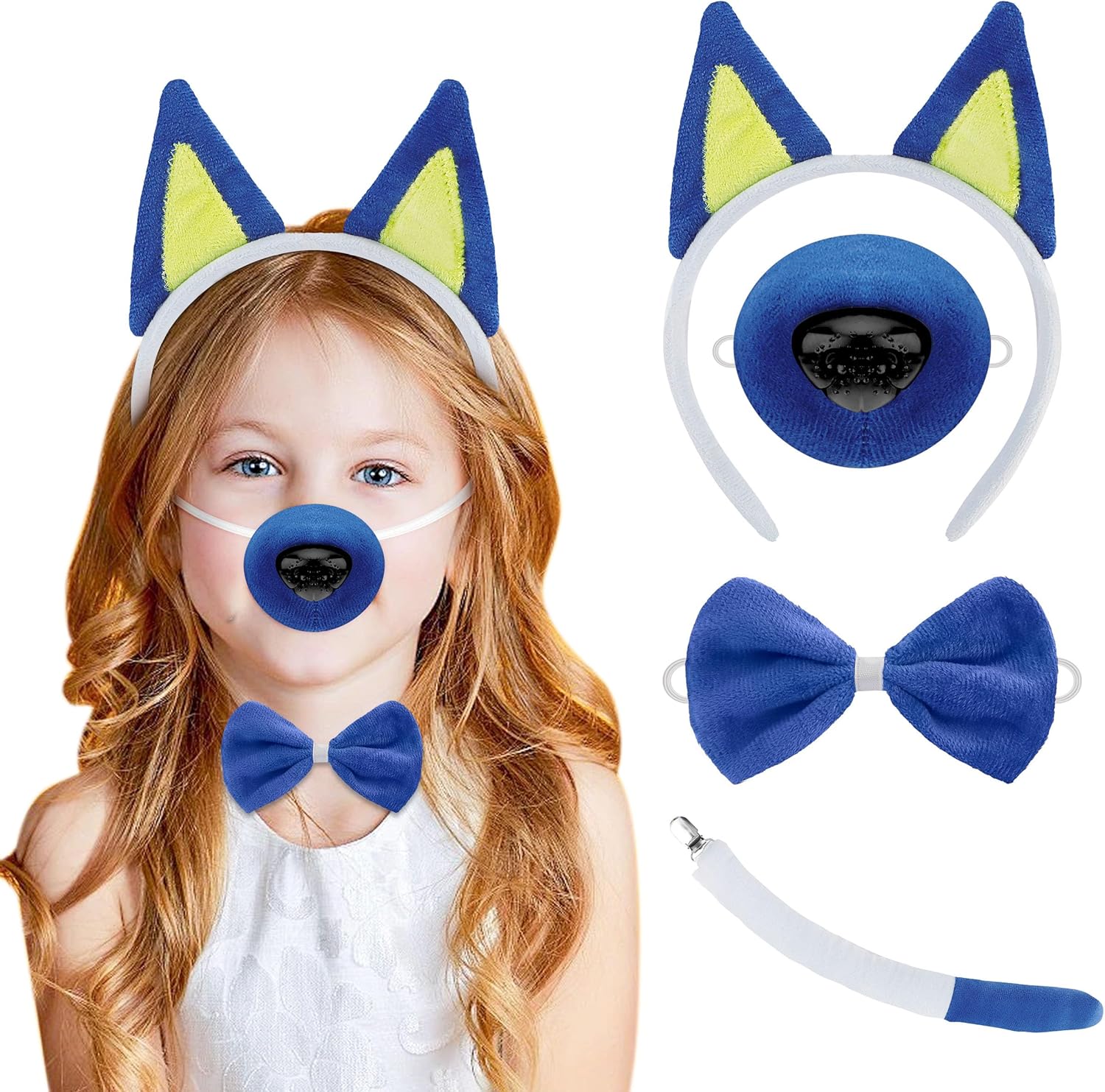 4PC Animal Cosplay Set for Children Ears Headband Realistic Nose Bow Tie and Tail for Dress Up Role Play
