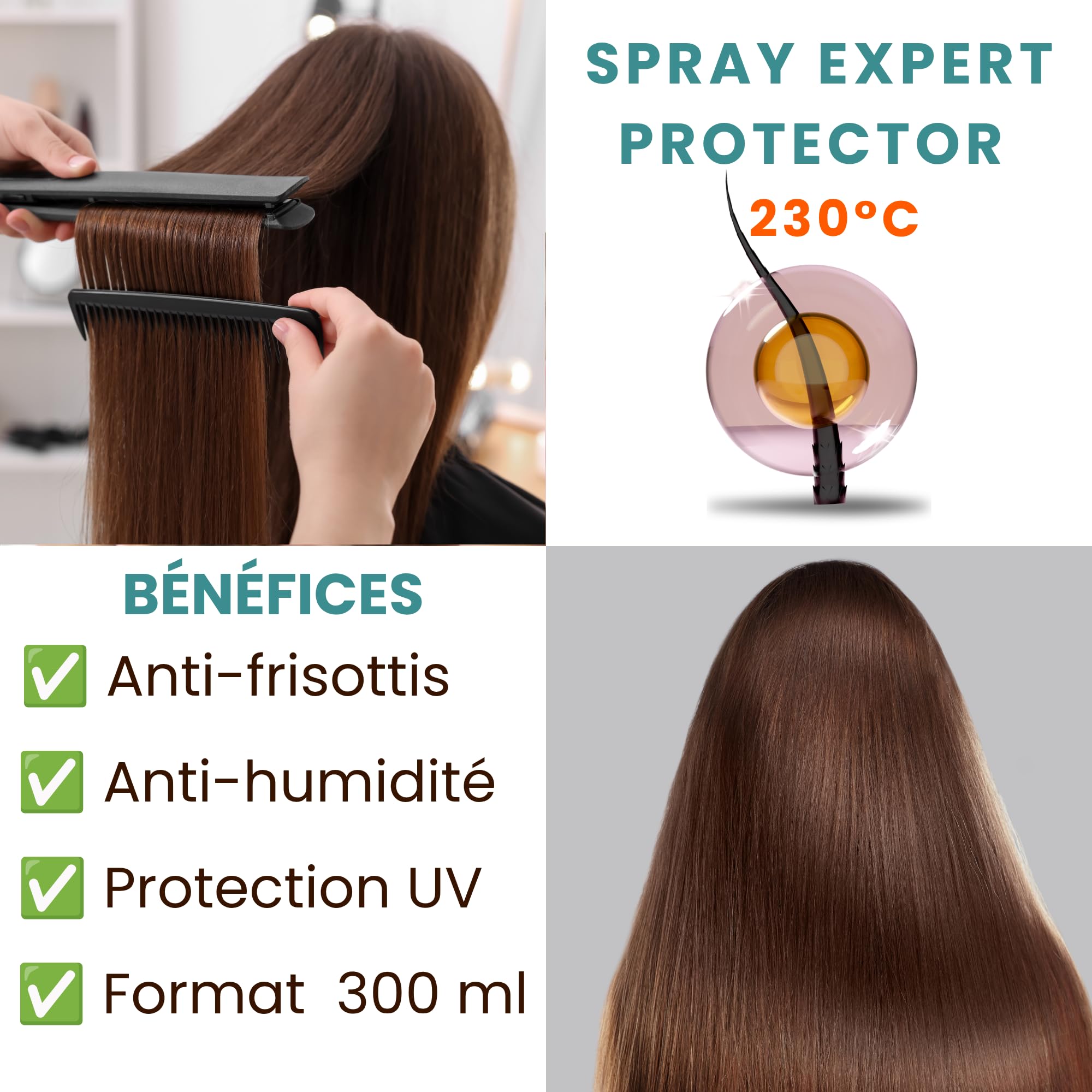 PUVOD Spray Thermo Protecteur Cheveux 300ml – Protection Chaleur 230°C – Réduit 82% Casse – Anti Frisottis Anti Humidité – Protection UV Sans Sulfate Sans Parabène – Soin Sans Rinçage Brushing Expert.
