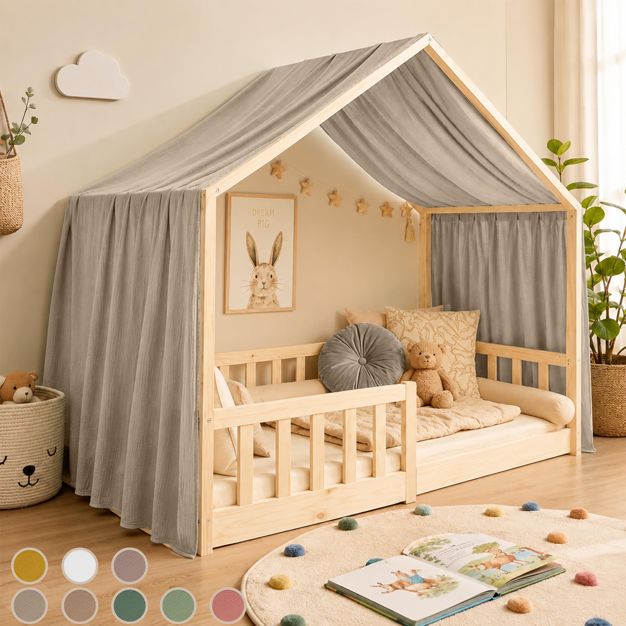 Hook Hausbett Himmel Deko Set, Betthimmel Hausbett aus Musselin - 1 Betthimmel & 1 Wimpelkette, für Jungen Mädchen Deko für Kinderzimmer, Baldachin Kinderzimmer Deko I 135 x 360cm Hellbeige