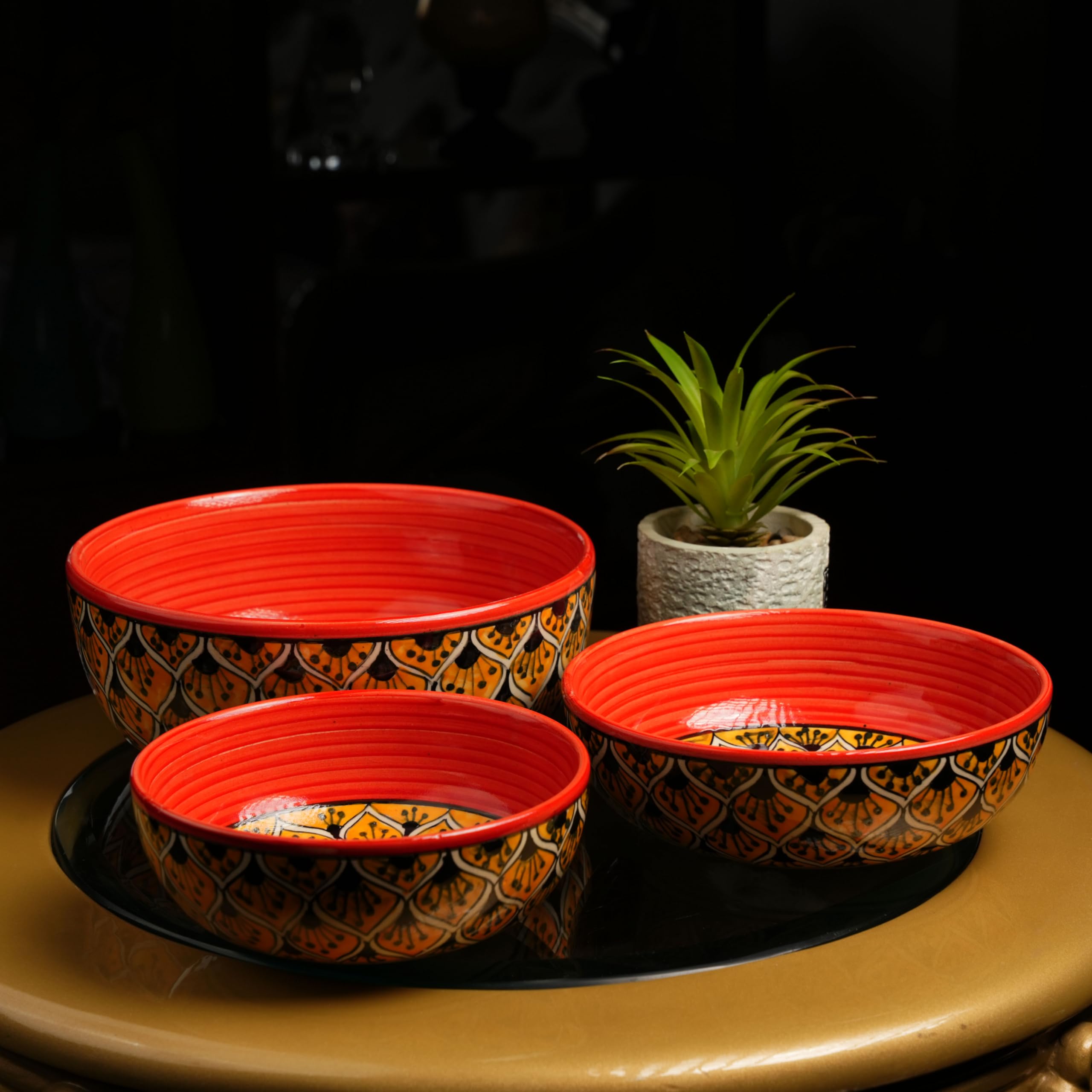 Caffeine Ceramic Handmade Orange Morocco Serving Bowl (Set of 3)