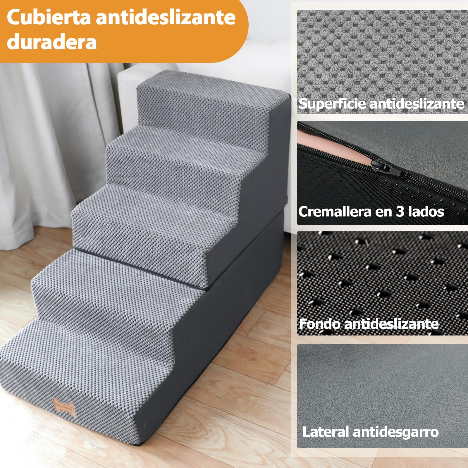Nepfaivy Scaletta per Cani - Scala per Cani e Gatti per Salire sul Letto, Gradini con Copertura Rimovibile e Lavabile, Grigio, 76x40x56cm