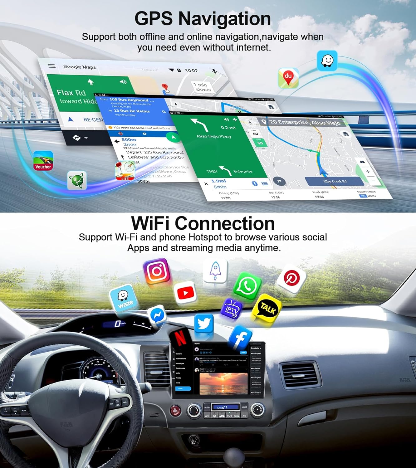 8-Core Qualcomm Snapdragon 4G+64G for Honda Civic 2006-2011 Android Car Stereo with Wireless CarPlay Android Auto, 10" Touch Screen Car Radio Hi-Res DSP Bluetooth 5.1 GPS WiFi RDS FM HD Backup Camera