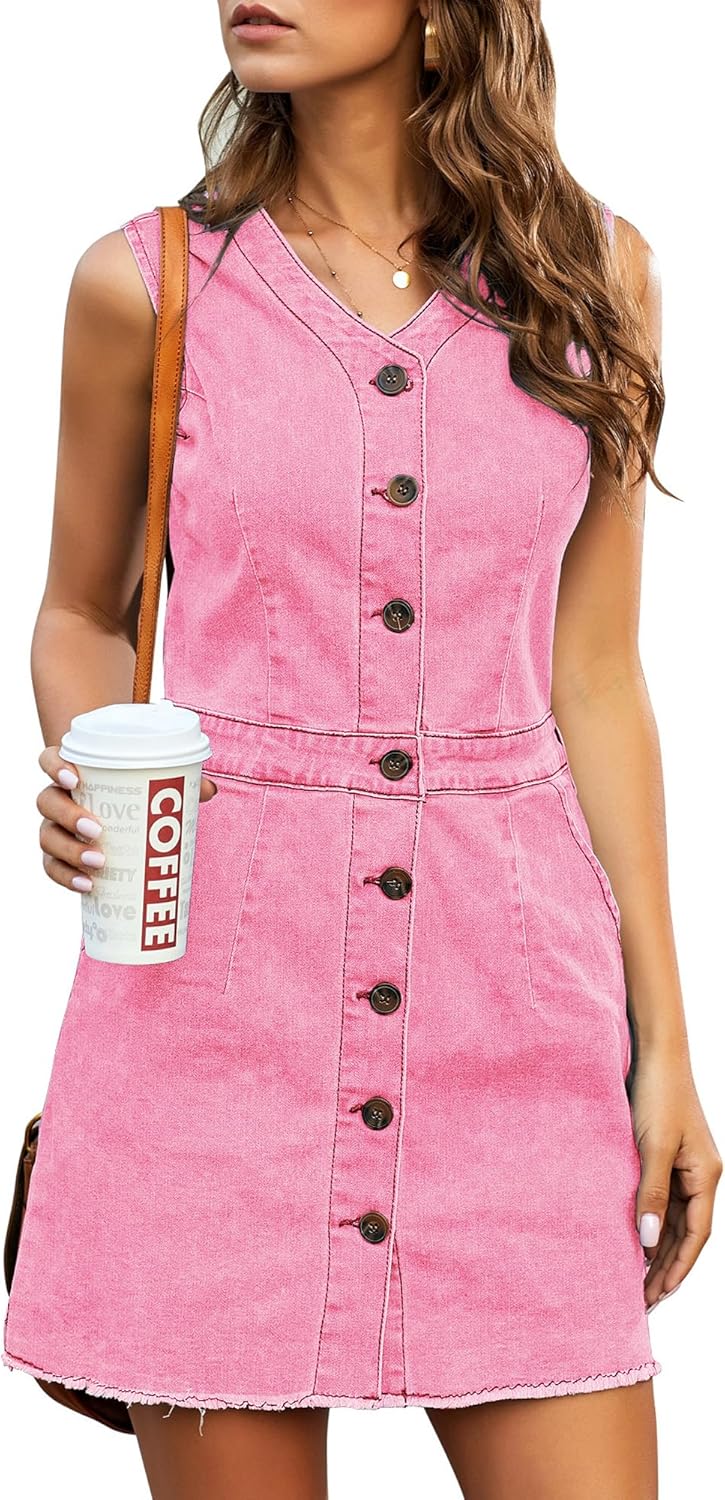 LookbookStore Women Sleeveless V Neck Button Down Frayed Hem Short Denim Dress - Image 3