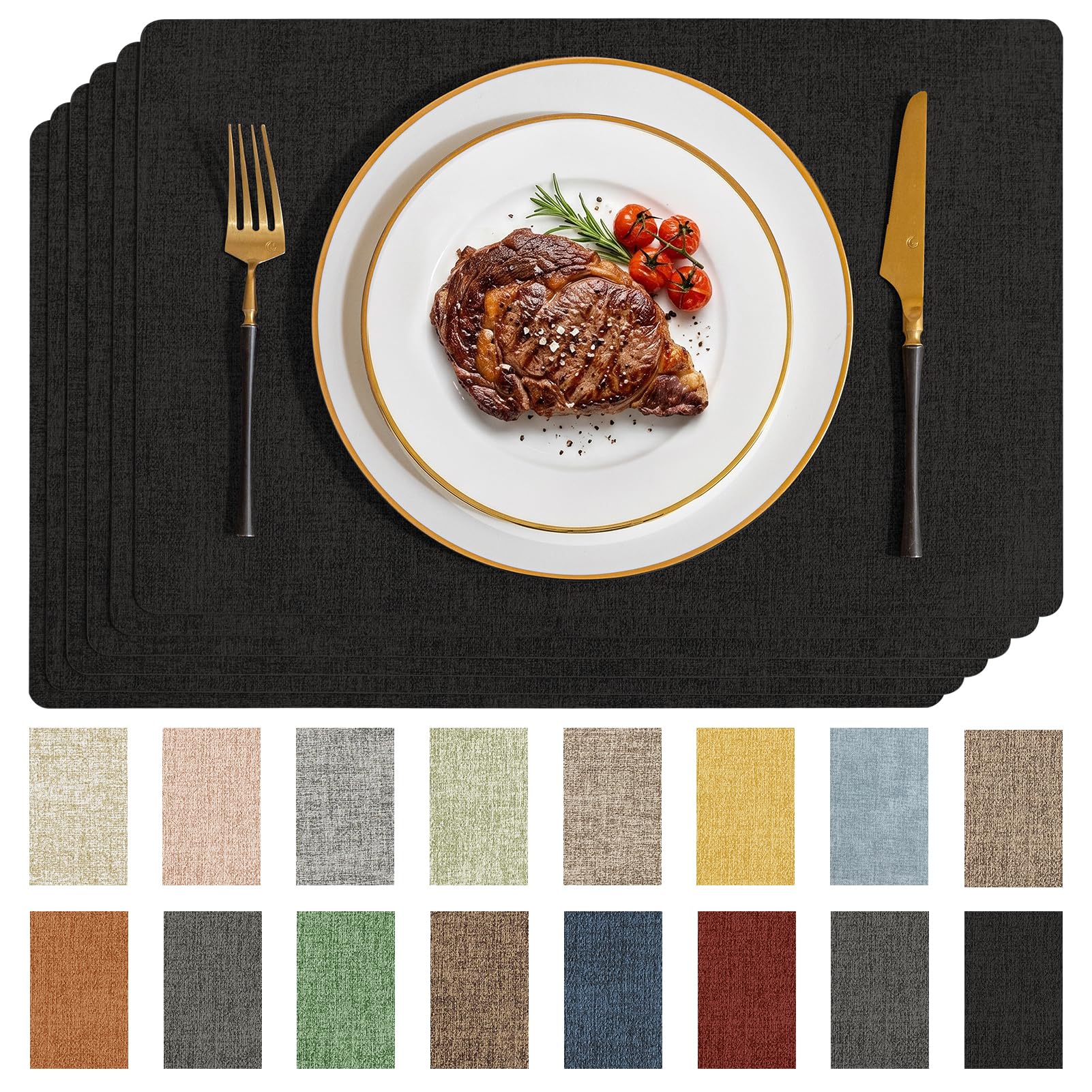 Romanstile Vinyl Placemats Set of 6-12 X 18 inch - Heat Resistant Place Mats 100% Waterproof Oilproof Wipeable Reversible Faux Leather Table Mats for Kitchen/Dining/Party/Holiday, Black