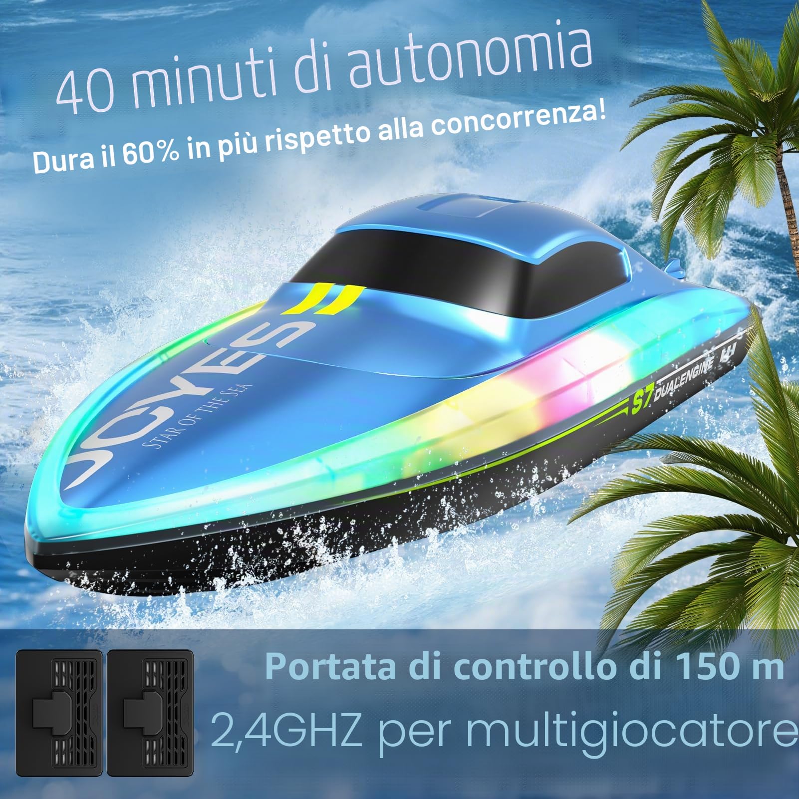 4DRC S7 Barca RC con luce LED, 50+ minuti, auto diritto remoto barca per piscine e laghi, 15+ MPH, 2.4GHz barche da corsa, 2 batterie, giocattoli da piscina per bambini, moto d'acqua radiocomandata