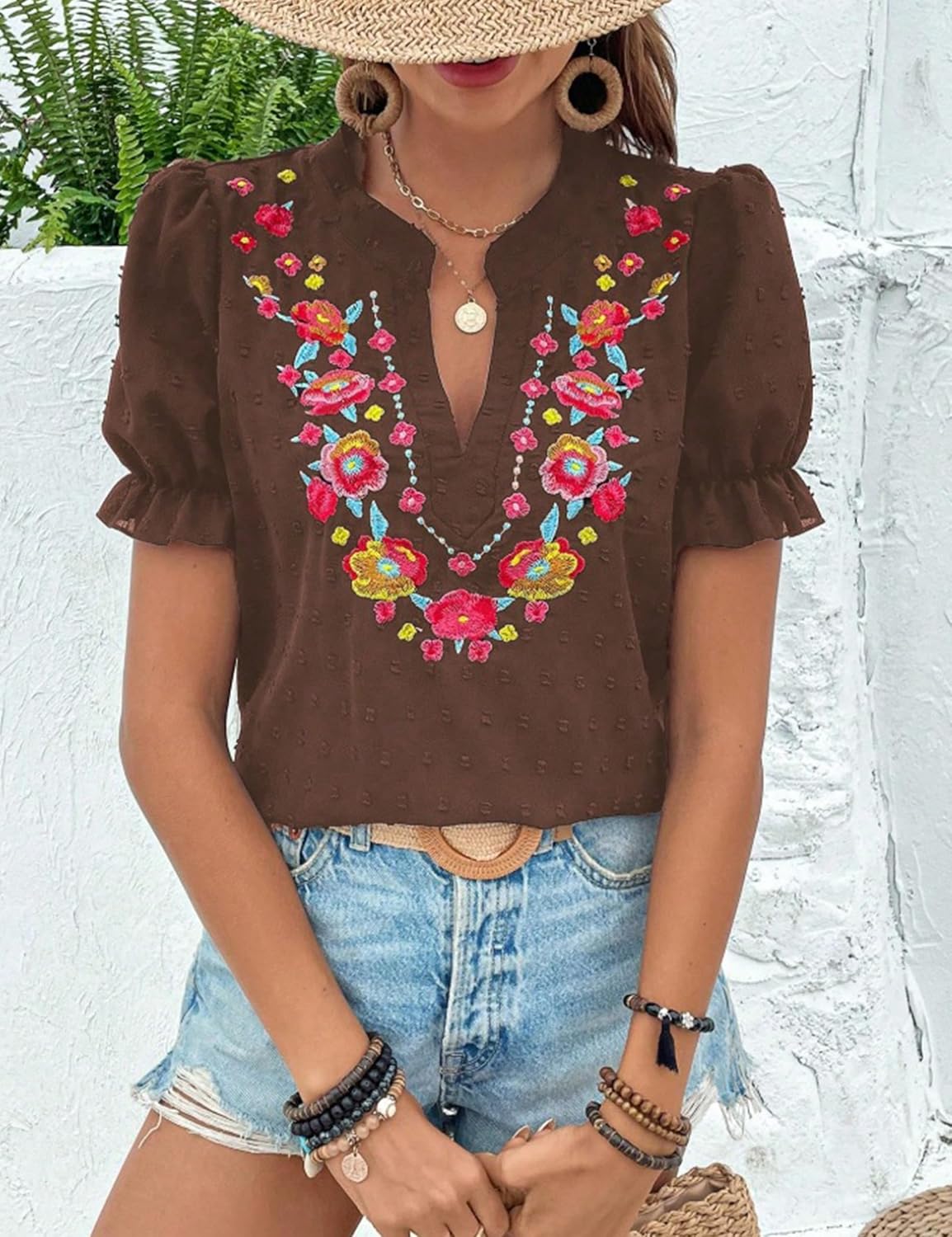 ZILIN Women's Casual Floral Embroidered V Neck Boho Short Puff Sleeve Shirts Loose Summer Blouses Tops Fashion Clothes 2026