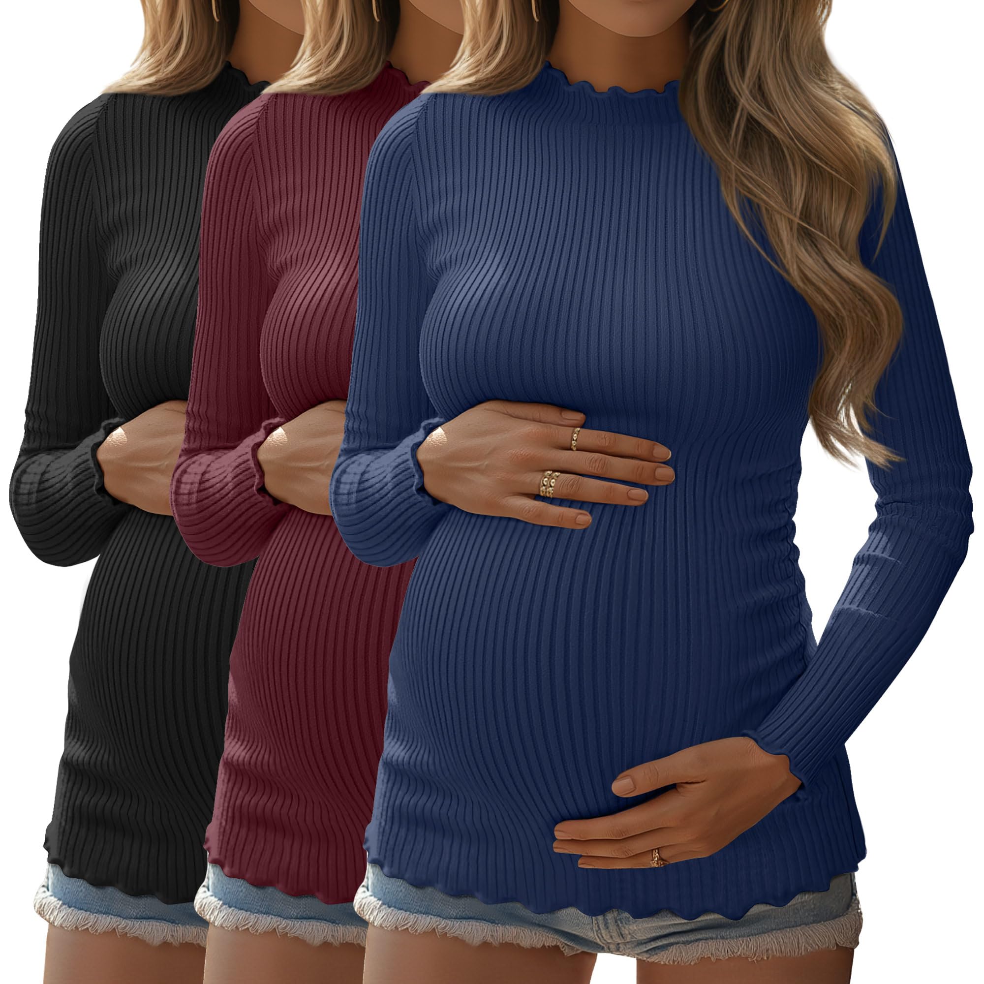 Geyoga 3er-Pack Umstandsshirts für Damen, gerippte Stricktops, langärmelig, Stehkragen, Basic-Tunika, Herbstkleidung