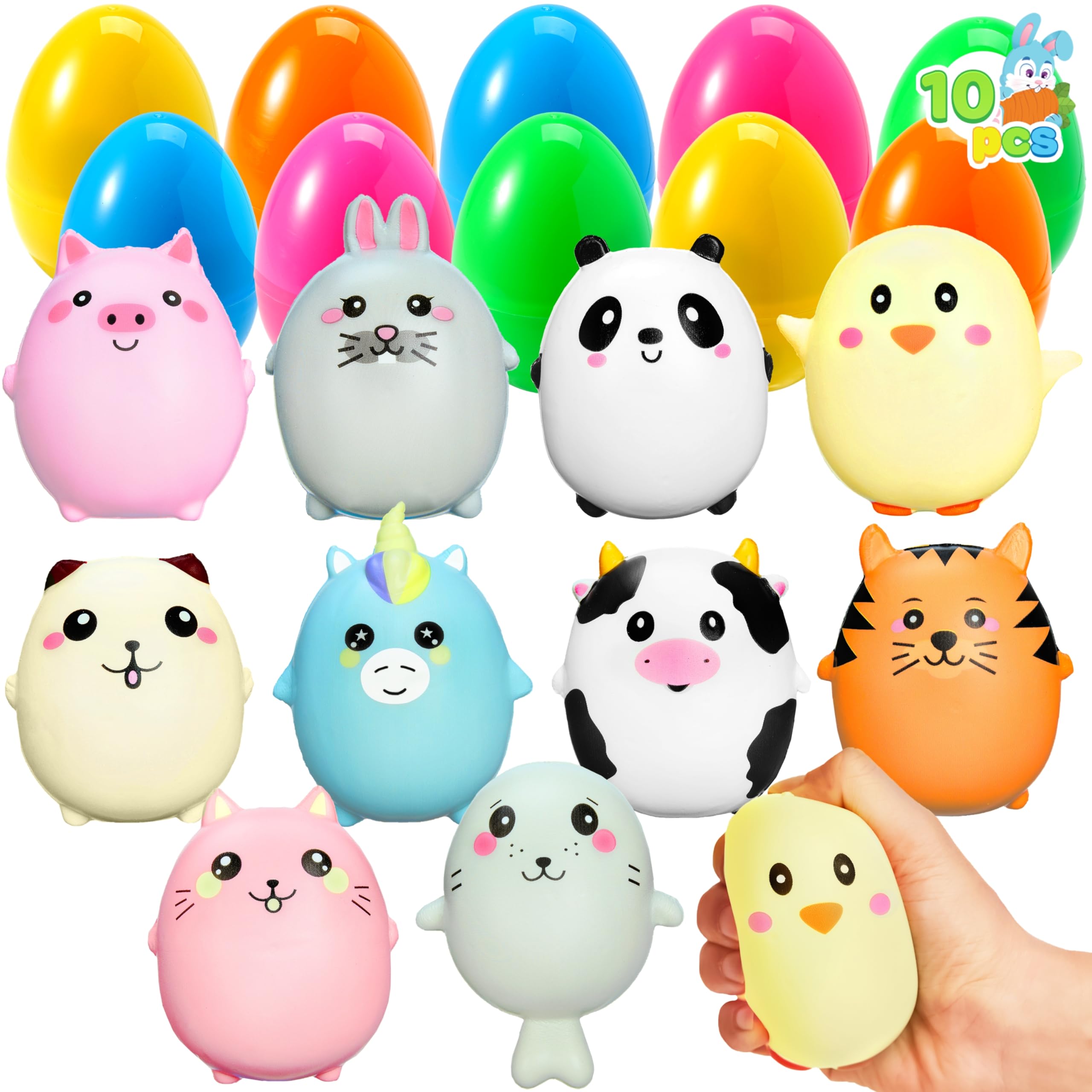 JOYIN 10Pcs Prefilled Easter Eggs with Animal squeeze Toys Slow Rising Squeeze Toys Stress ball for Easter Egg Hunt, Easter Basket Stuffer Easter Toys Gifts for Kids Party Favors