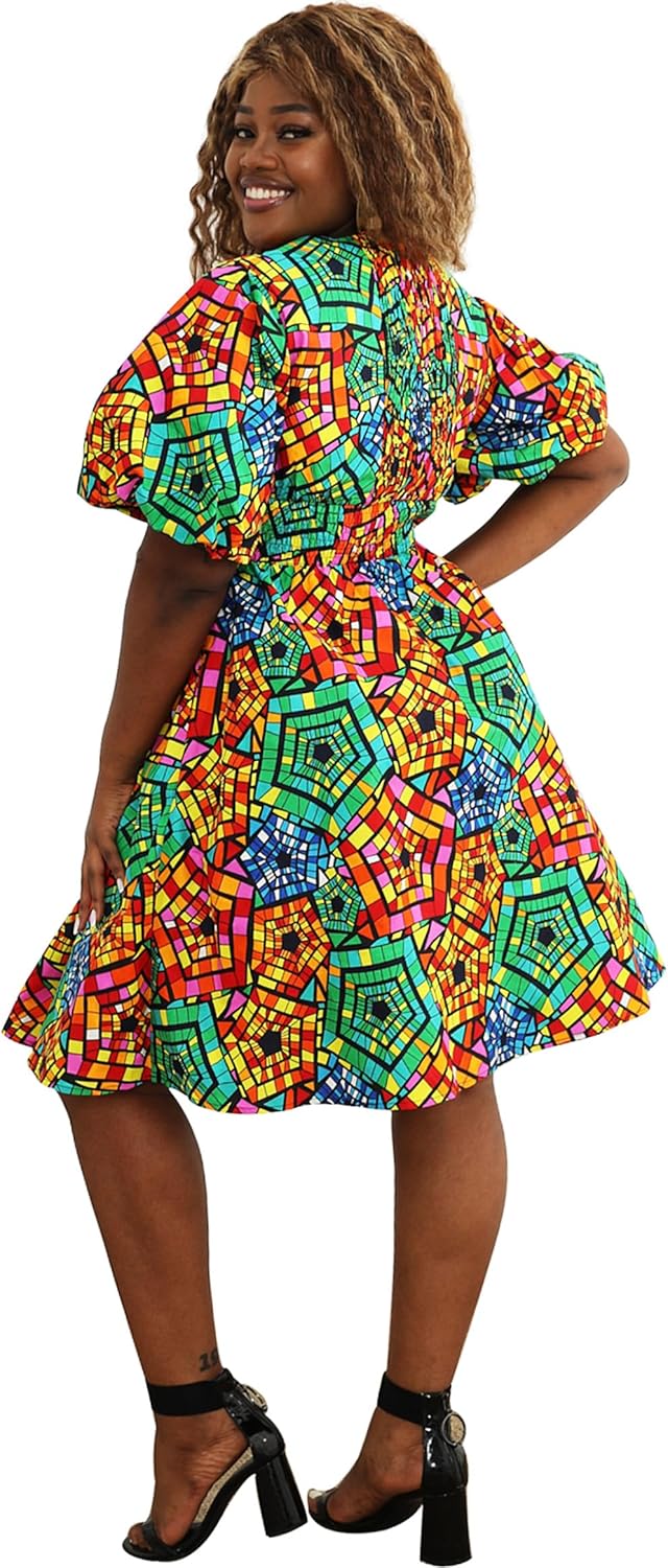 Women African Floral Print V Neck Dresses Ankara Lantern Sleeves Short Dress - Image 4