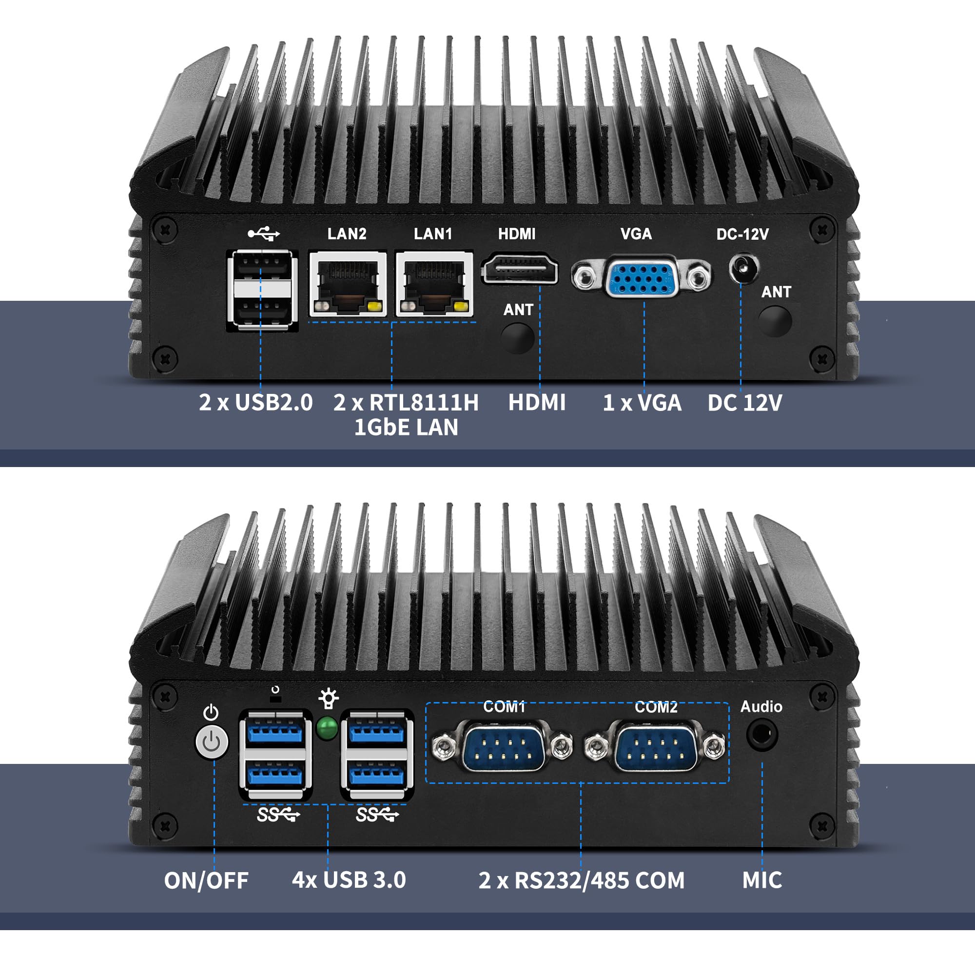 CWWK Mini PC Fanless Industrial i5-8250U 4C/8T, 2X RS232/RS485 COM, 2 x Gigabit LAN, Micro Embedded Computer Box, DDR4 8GB RAM 256GB NVMe SSD, SIM, SATA, mPCIe, HD, VGA, 6USB