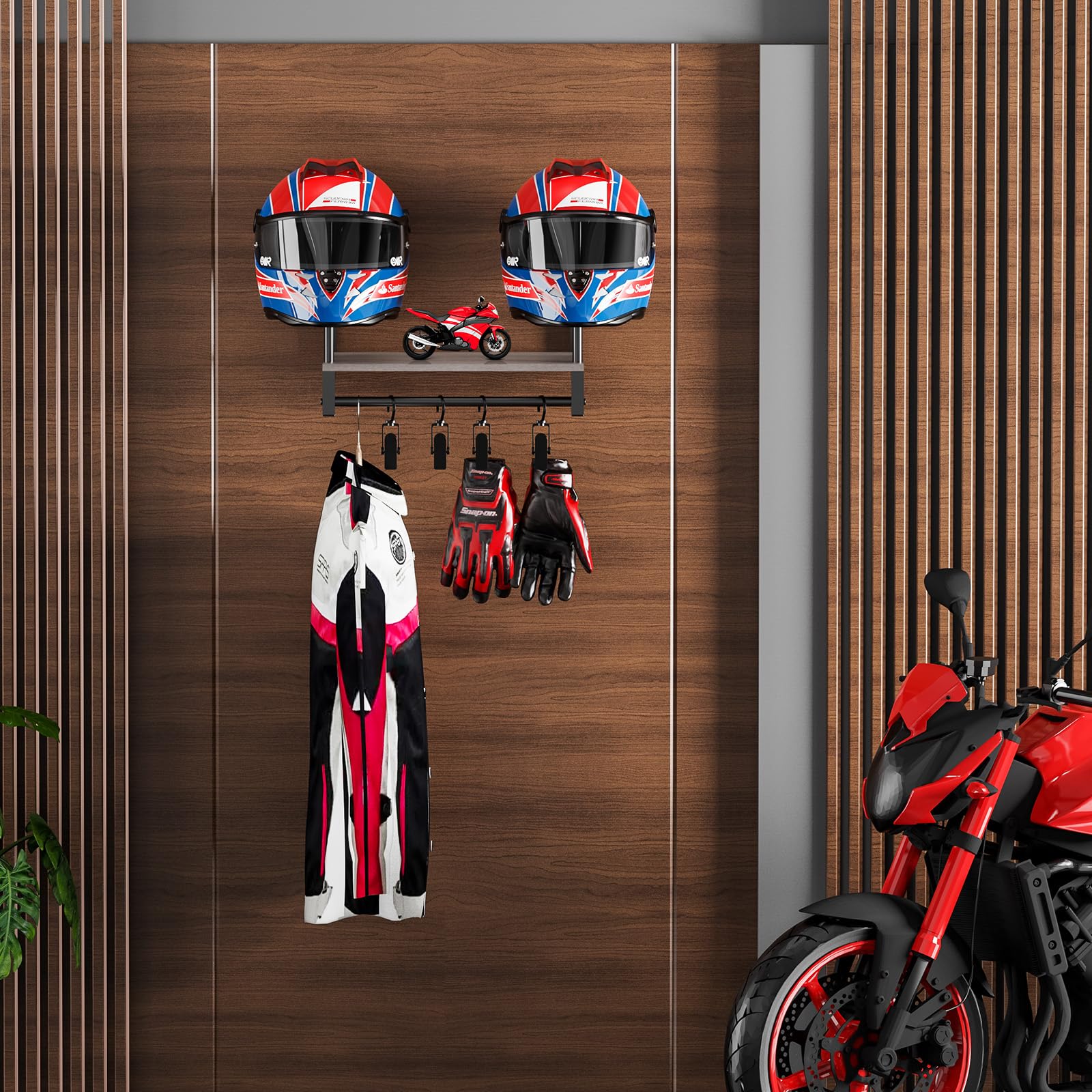 THYGIFTREE Uchwyt na 2 kaski, stojak na kaski, montowany na ścianie, stojak na kask motocyklowy, stojak na kask z 4 wiszącymi klipsami, wszechstronne akcesoria motocyklowe, do przechowywania motocykla