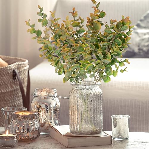 Miniatura 6 de VOSAREA 2 ramos de flores artificiales de seda para bodas y decoración del hogar, arreglo de vegetación de eucalipto, elegante centro de mesa para