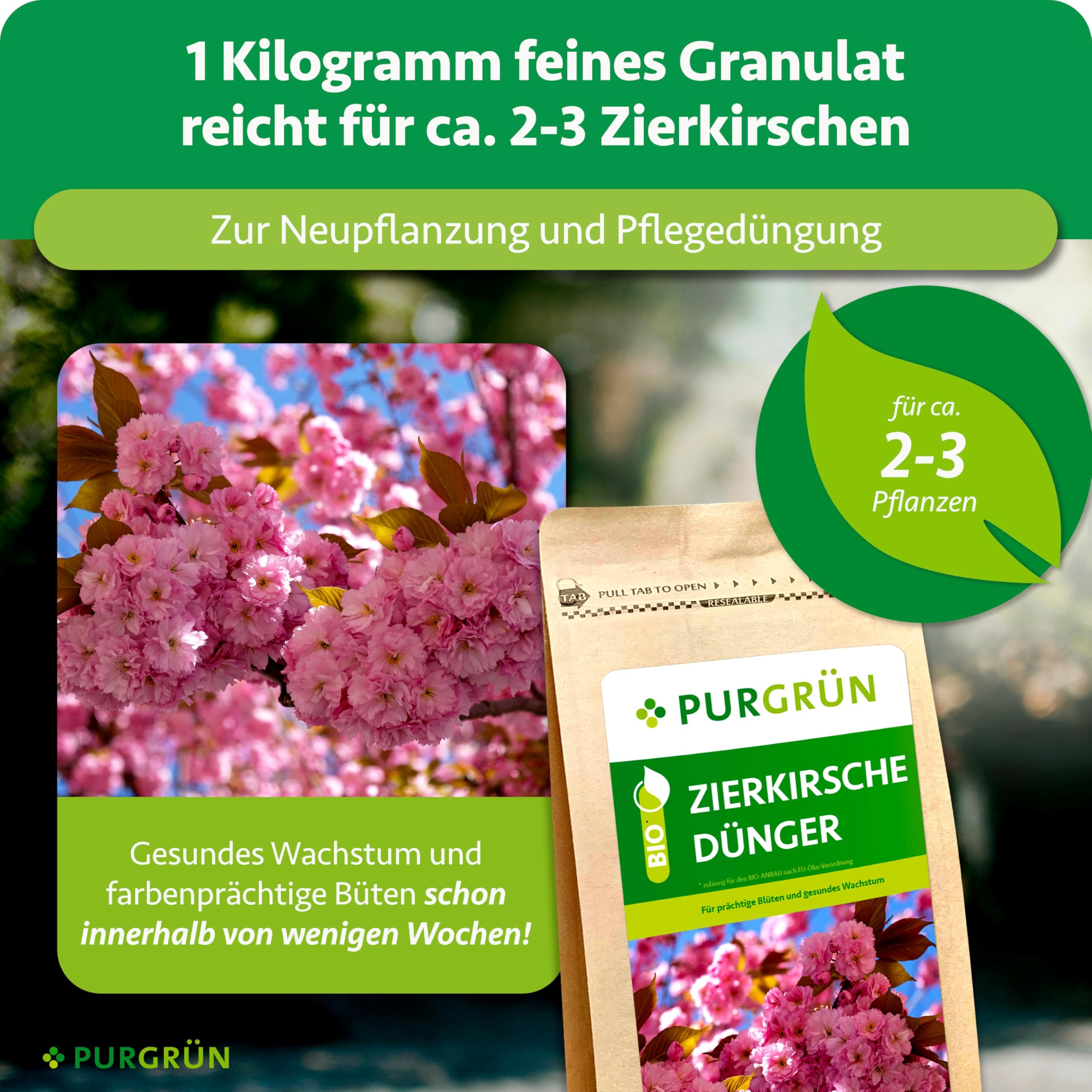 Bio-Zierkirsche-Dünger 1 kg – Organisch-mineralische Rezeptur – Feinkörniges Krümelgranulat – NPK 6+4+5 – Mit Magnesium für leuchtende Blüten – Verbessert die Bodenqualität