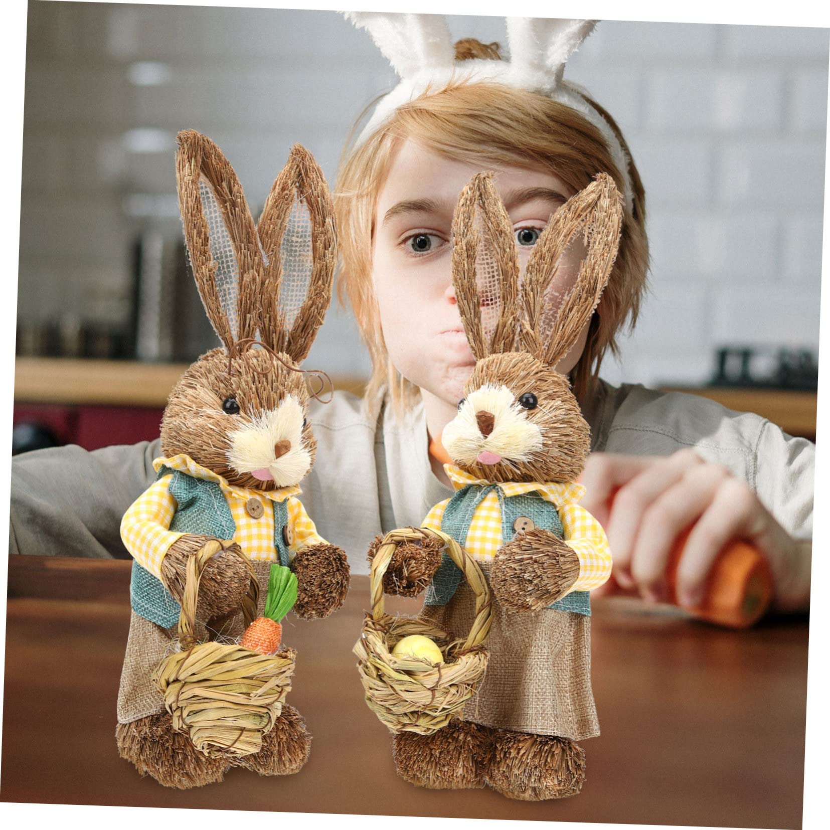 Lot de 2 figurines de lapin en paille tissées à la main pour décoration de Pâques, décoration de fête de jardin, décoration de fête et