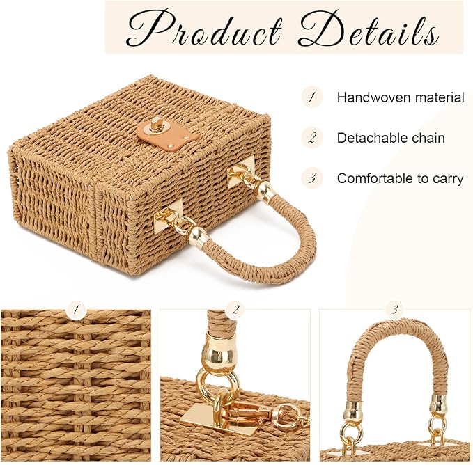 Bolso cruzado cuadrado de rattan tejido para mujer miniatura 8