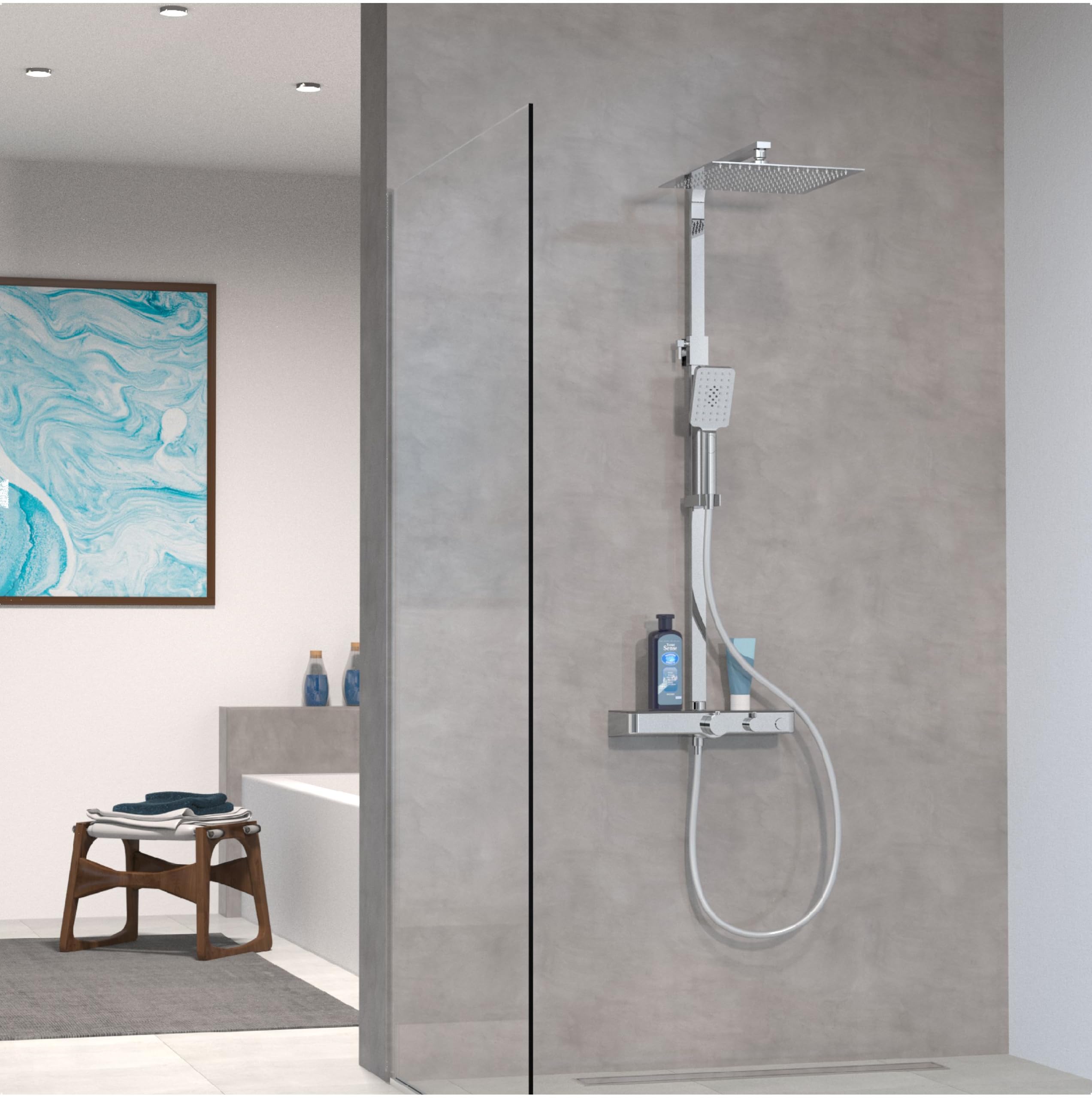 SCHÜTTE OCEAN 60531 system prysznicowy z termostatem i szklaną półką, 30 x 30 cm, deszczownica z uchwytem ściennym i panelem prysznicowym, kolumna prysznicowa w kolorze chromowym/antracytowym