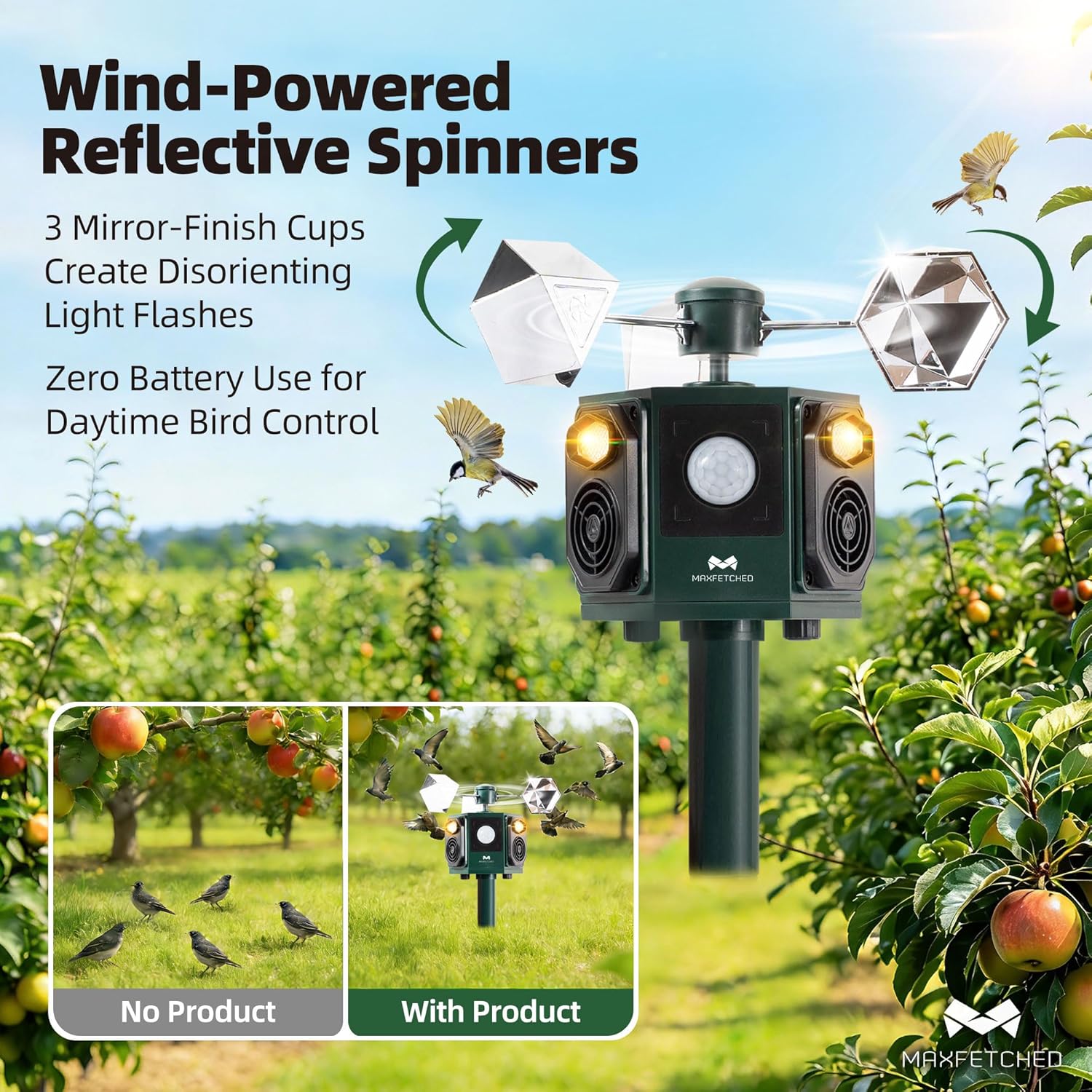 Ultrasonic Animal Repeller Outdoor Solar Powered - Motion Sensor Squirrel Cat Deer Bird Repellent Devices, Dual Horn 5 Animal Sounds, Spinner Reflector for Garden Farm Orchard Protection