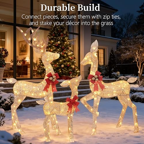 Miniatura 6 de Familia de ciervos navideños iluminados de 3 piezas, 4.5 pies, decoración 3D de renos preiluminados para exteriores con 210 luces LED, exhibición