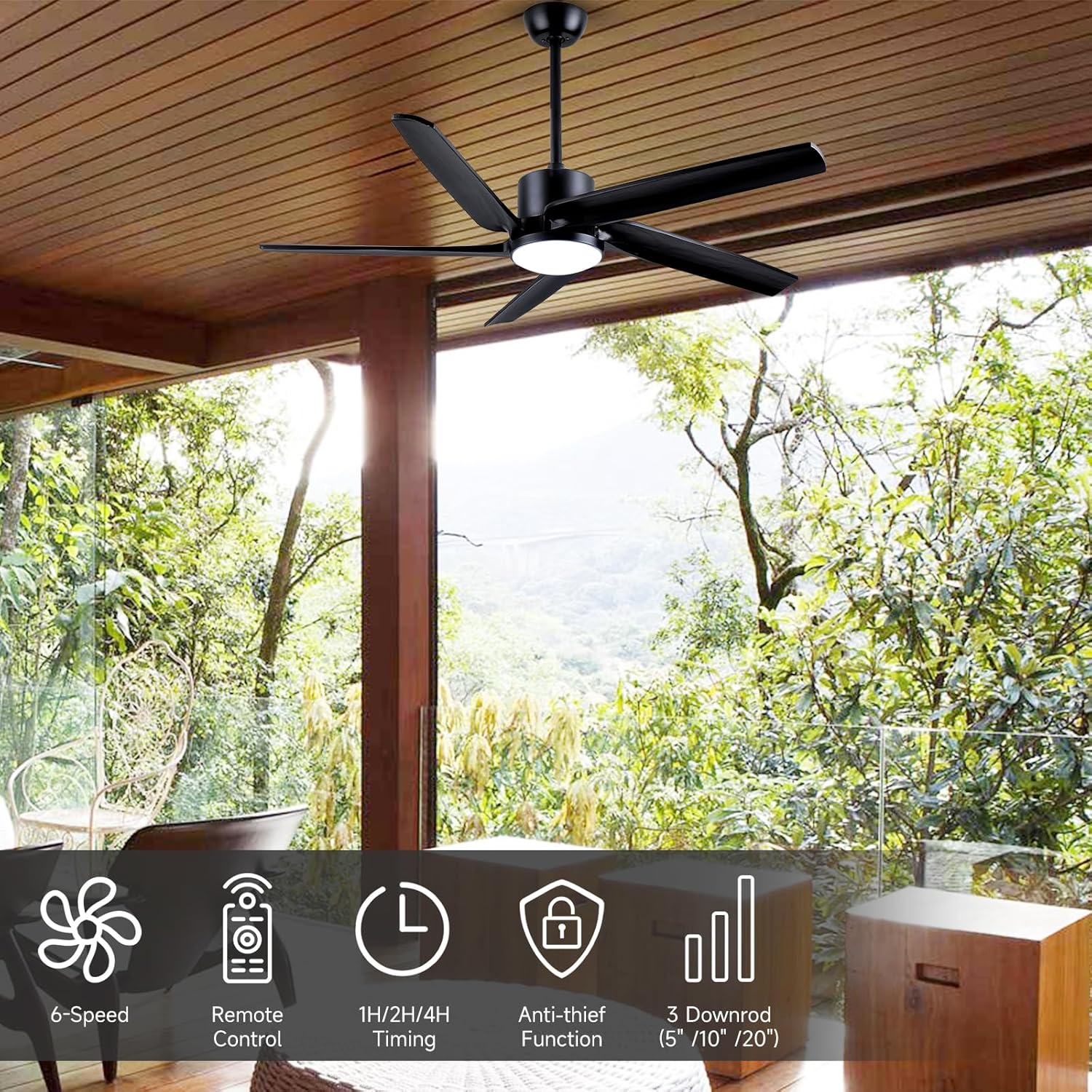 52 Inch Outdoor Modern Black Ceiling Fan with lights for Patio Waterproof 5 Blades Large Airflow Solid Wood Ceiling Fans with Timing Function for Exterior Indoor Porch Gazebo,Quiet Reversible DC Motor