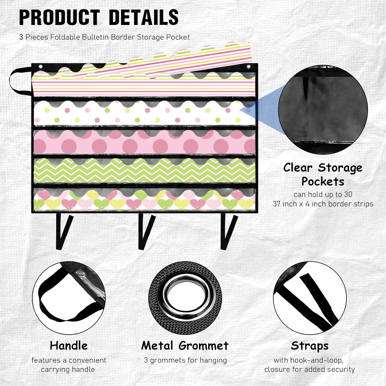 Crtiin 3 Pcs Foldable Bulletin Border Storage Pocket Chart 41 x 24.5 Inch Classroom Bulletin Board Border Organizer Storage Box for Teachers(Black)