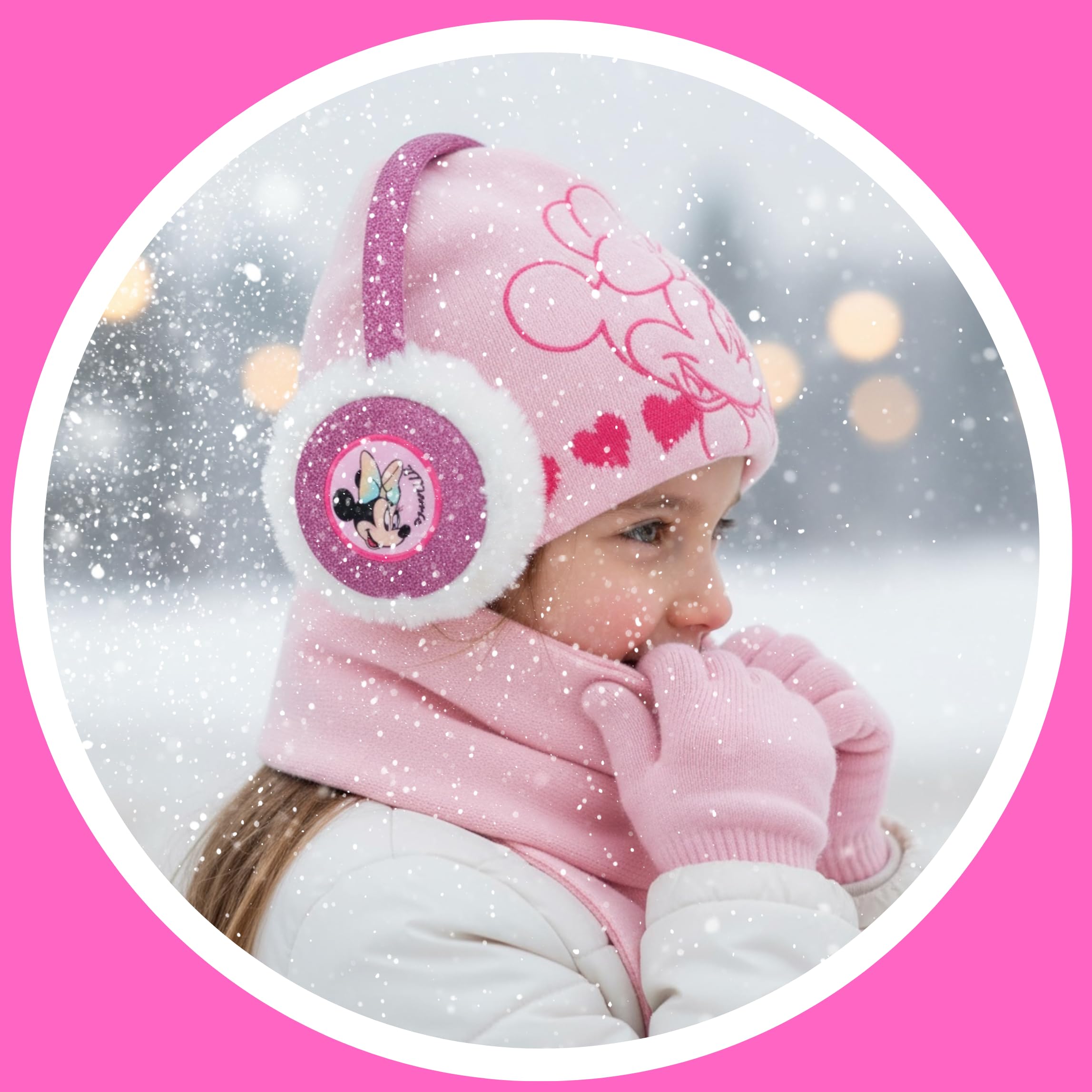 Disney Minnie Mouse Gorro Bufanda Guantes y Orejeras para Niñas, Diseño Brillante Gorro de Invierno Infantil, Regalo para Niñas