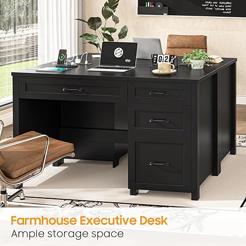 Miniatura 7 de Farmhouse - Escritorio ejecutivo de 47 pulgadas, escritorio para computadora con cajón de archivos y estación de carga, estación de trabajo para