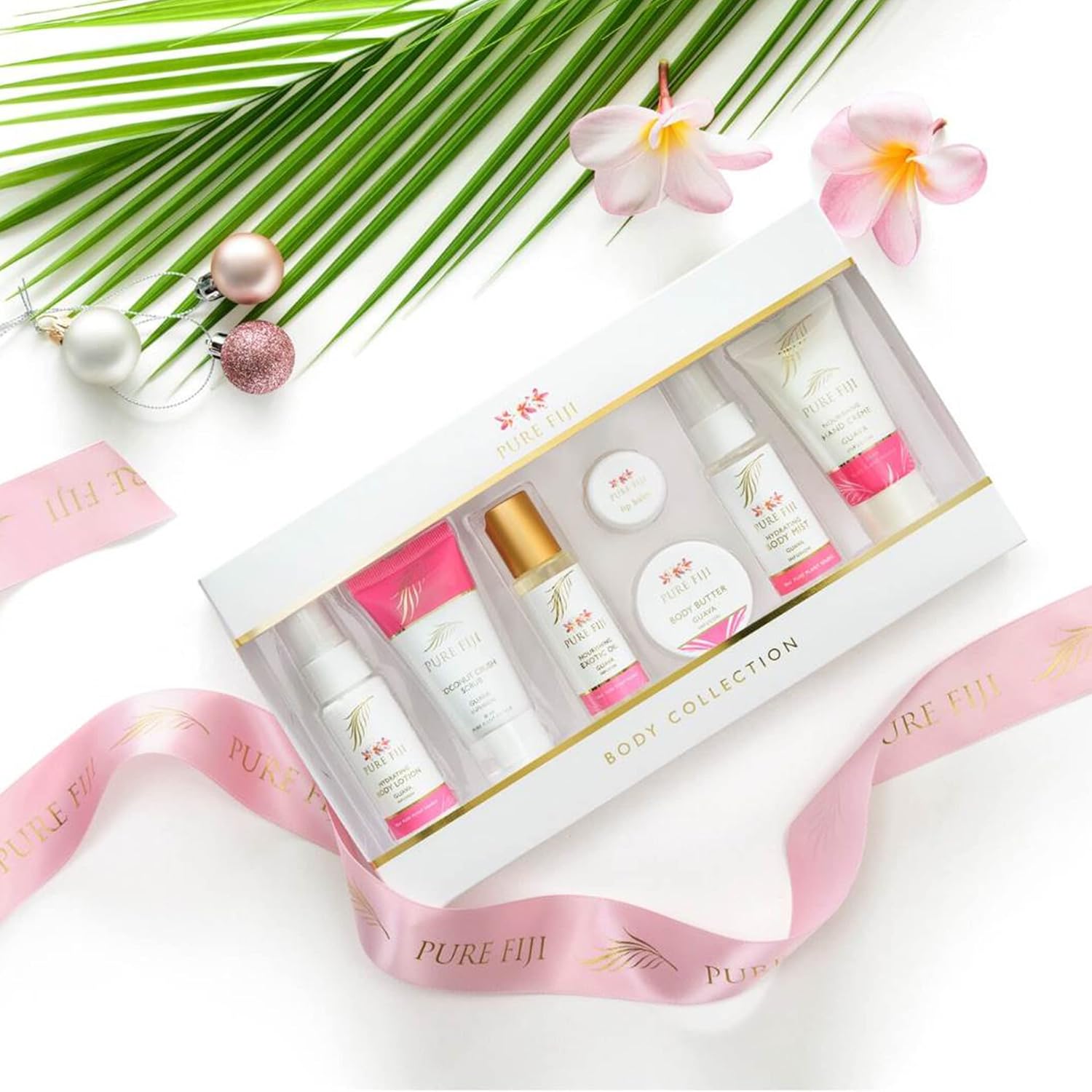 Pure Fiji Body Collection 7pacs- Bath and Body Gift Set with Body Mist,Body Oil, Lip Balm, Body Butter, Lotion, Hand Creme, Coconut Crush- Travel Size, Guava