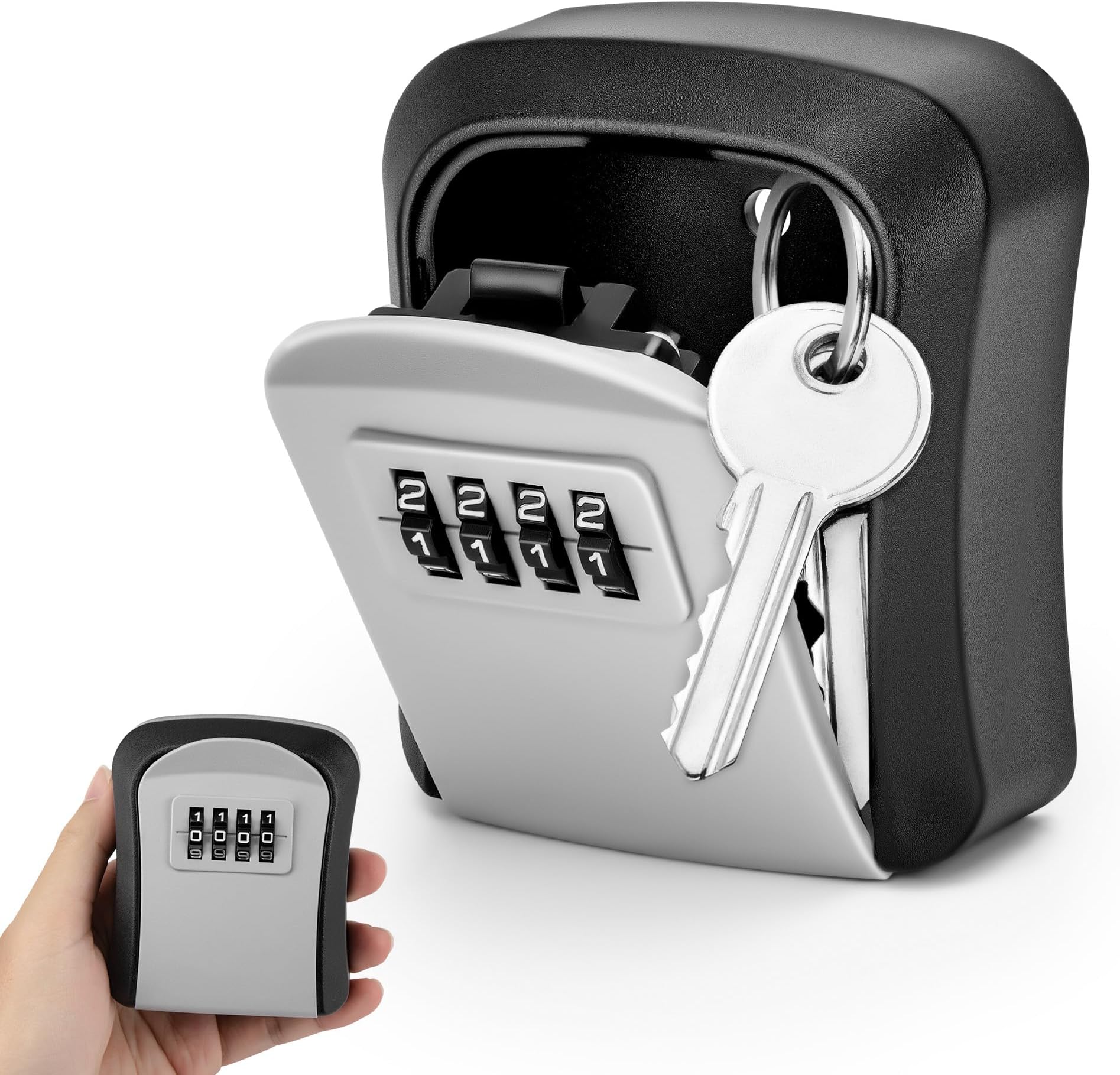 Safe Key Lock Box Wall Mounted, 4 Digits Combination Security Lockbox for Storage Spare Keys, Waterproof Portable Small Keybox for Outdoor Home Office Garage Garden (Grey)