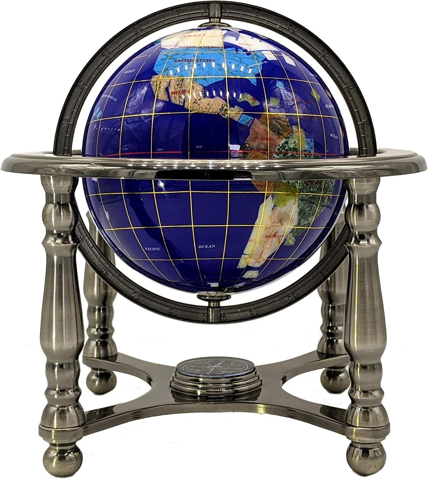 Unique Art Since 1996 10" Tall Blue Lapis Ocean 4-Leg Silver Table Stand Gemstone World Map Globe