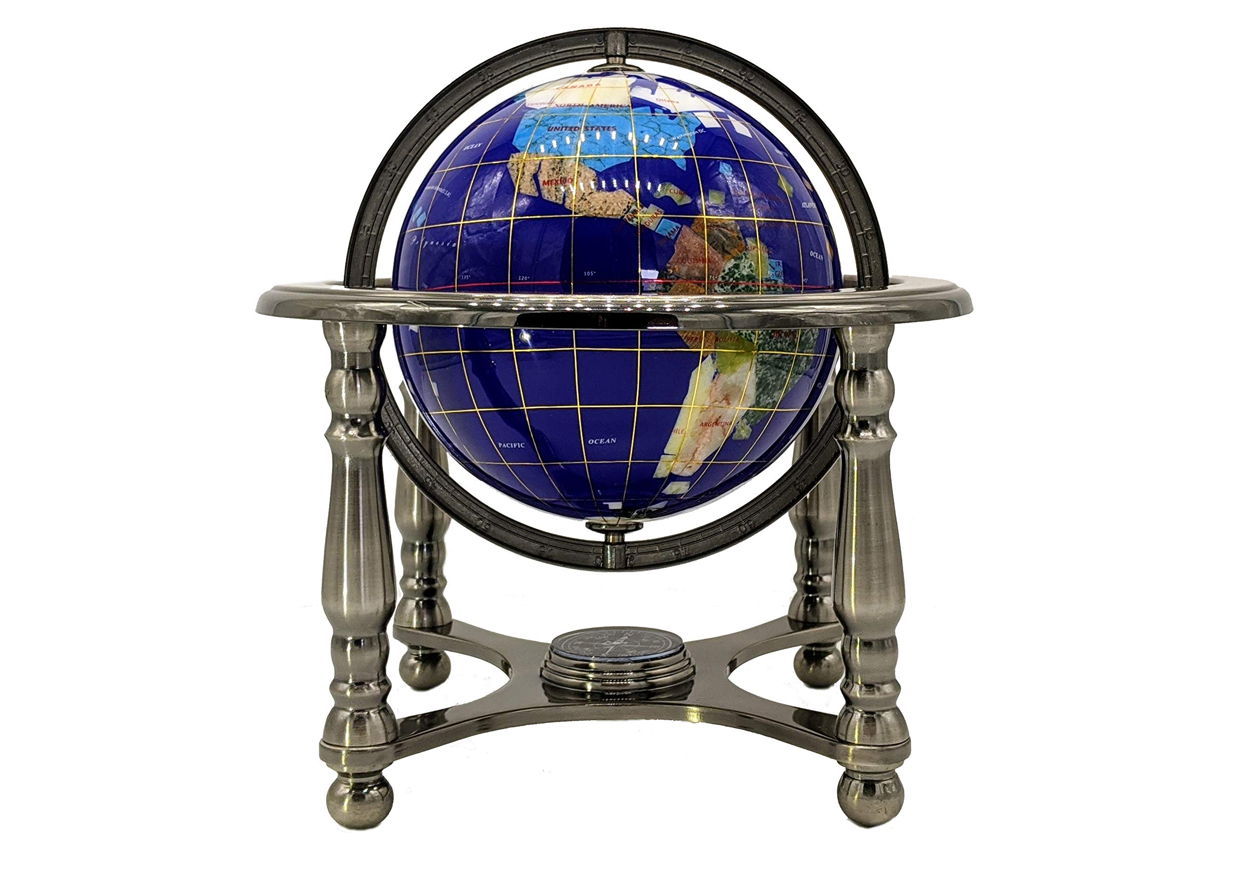 Unique Art Since 1996 10" Tall Blue Lapis Ocean 4-Leg Silver Table Stand Gemstone World Map Globe