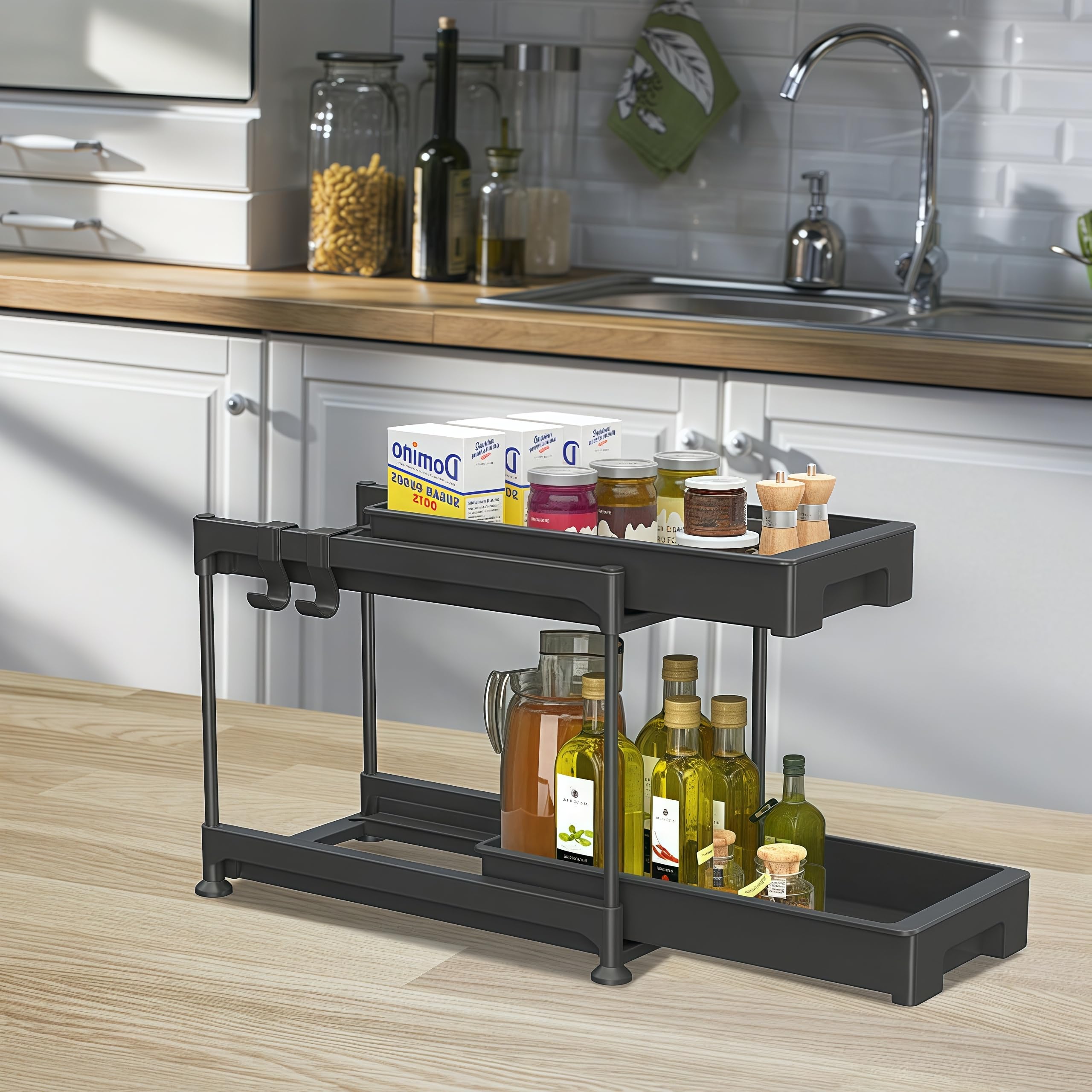 Tinyuet Estantería Bajo Fregadero, Organizador de 2 Niveles Extraíble para Bajo Fregadero - Cocina, Baño y Hogar - Negro - 1 Unidad